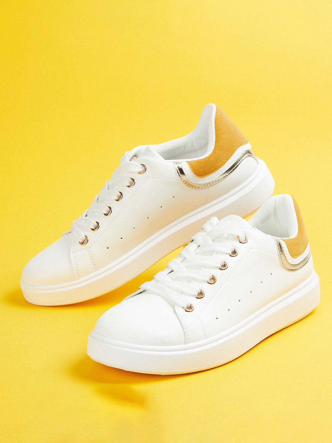 Ginger by Lifestyle Women White & Yellow Colourblocked PU Sneakers Price in India