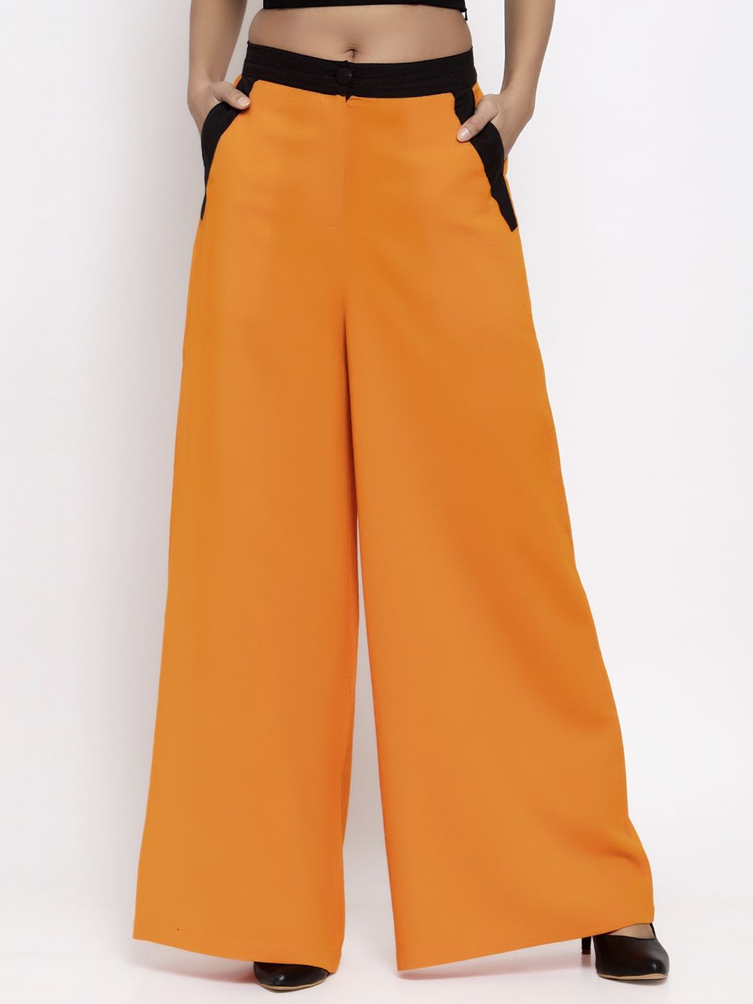 THE SILHOUETTE STORE Women Orange & Black Flared Solid Pure Cotton Parallel Trousers Price in India