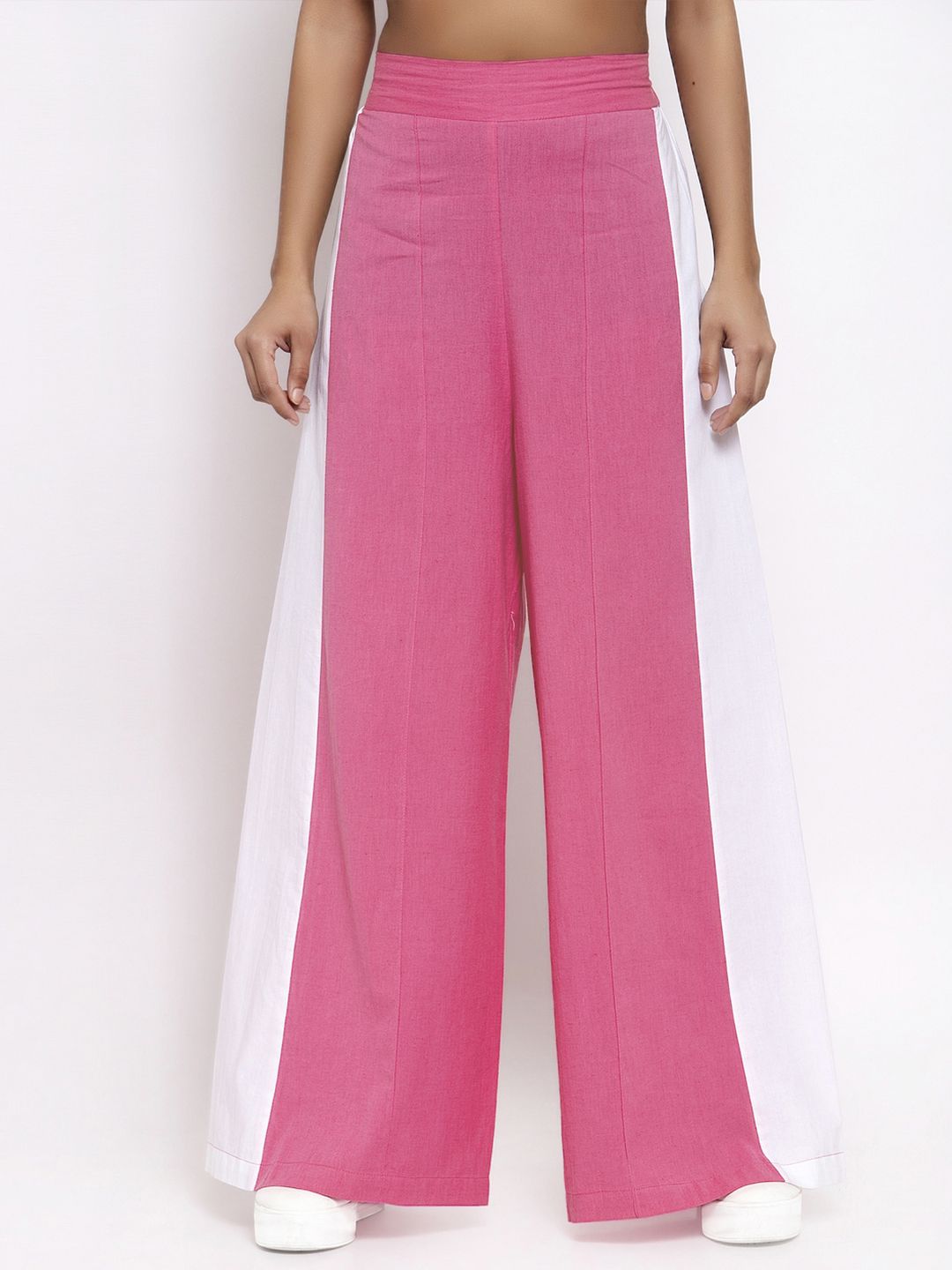 THE SILHOUETTE STORE Women Pink & White Flared Solid Parallel Trousers Price in India