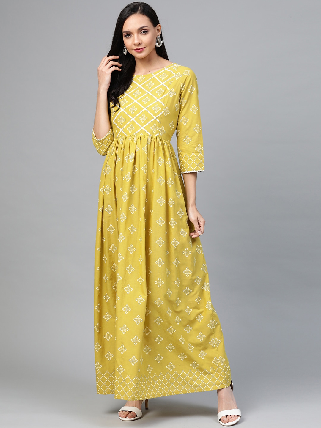 Yuris Women Mustard Yellow & White Pure Cotton Printed Maxi Dress Price in India