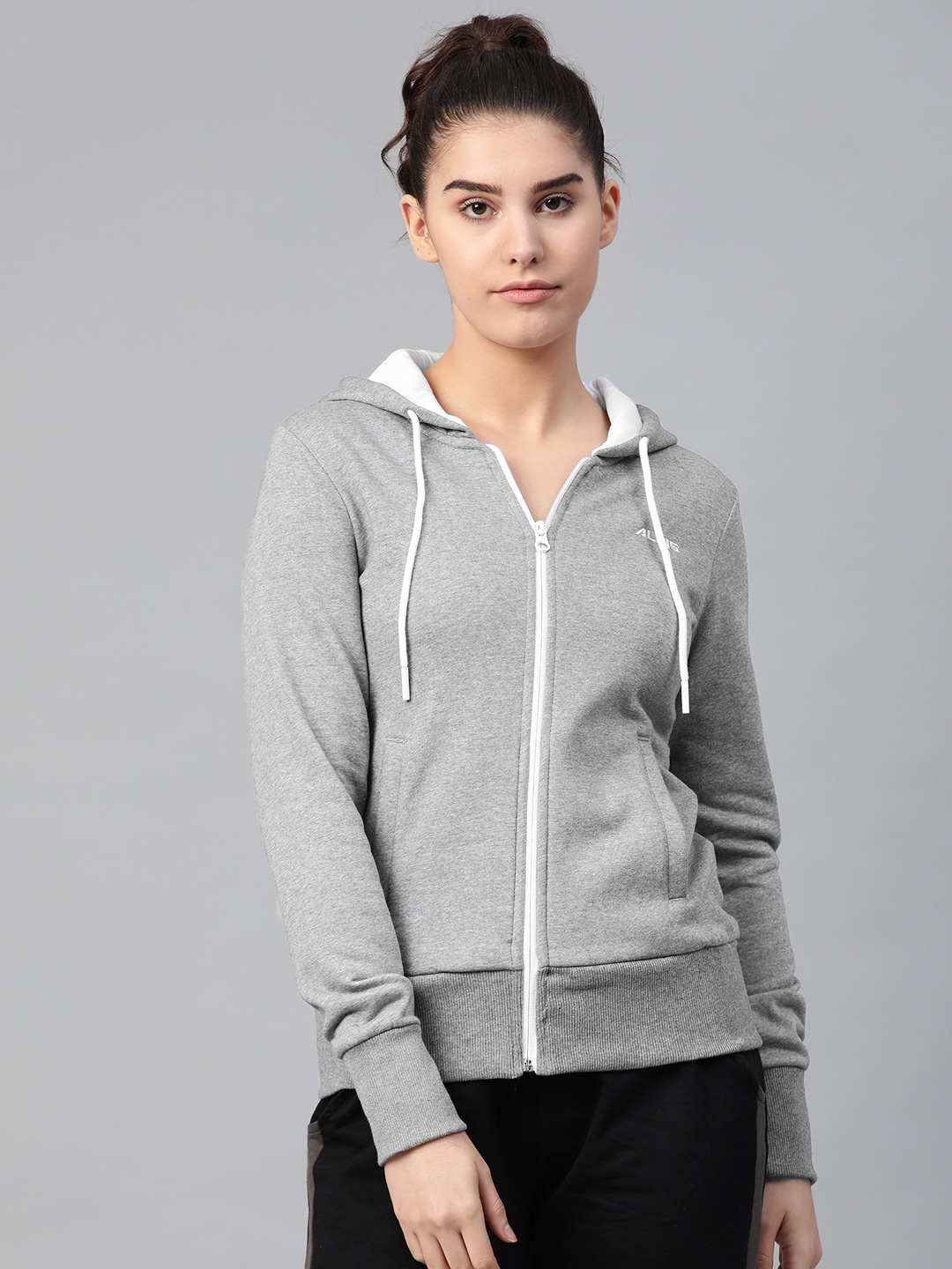 Alcis Women Grey Melange Solid Hooded Sweatshirt Price in India