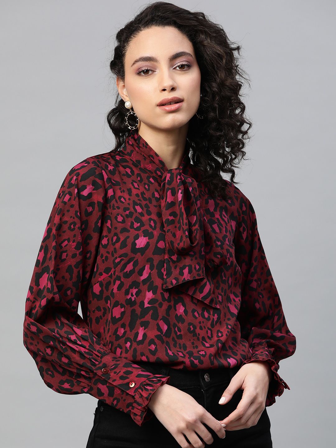 plusS Maroon & Black Animal Printed Top With Tie-Ups