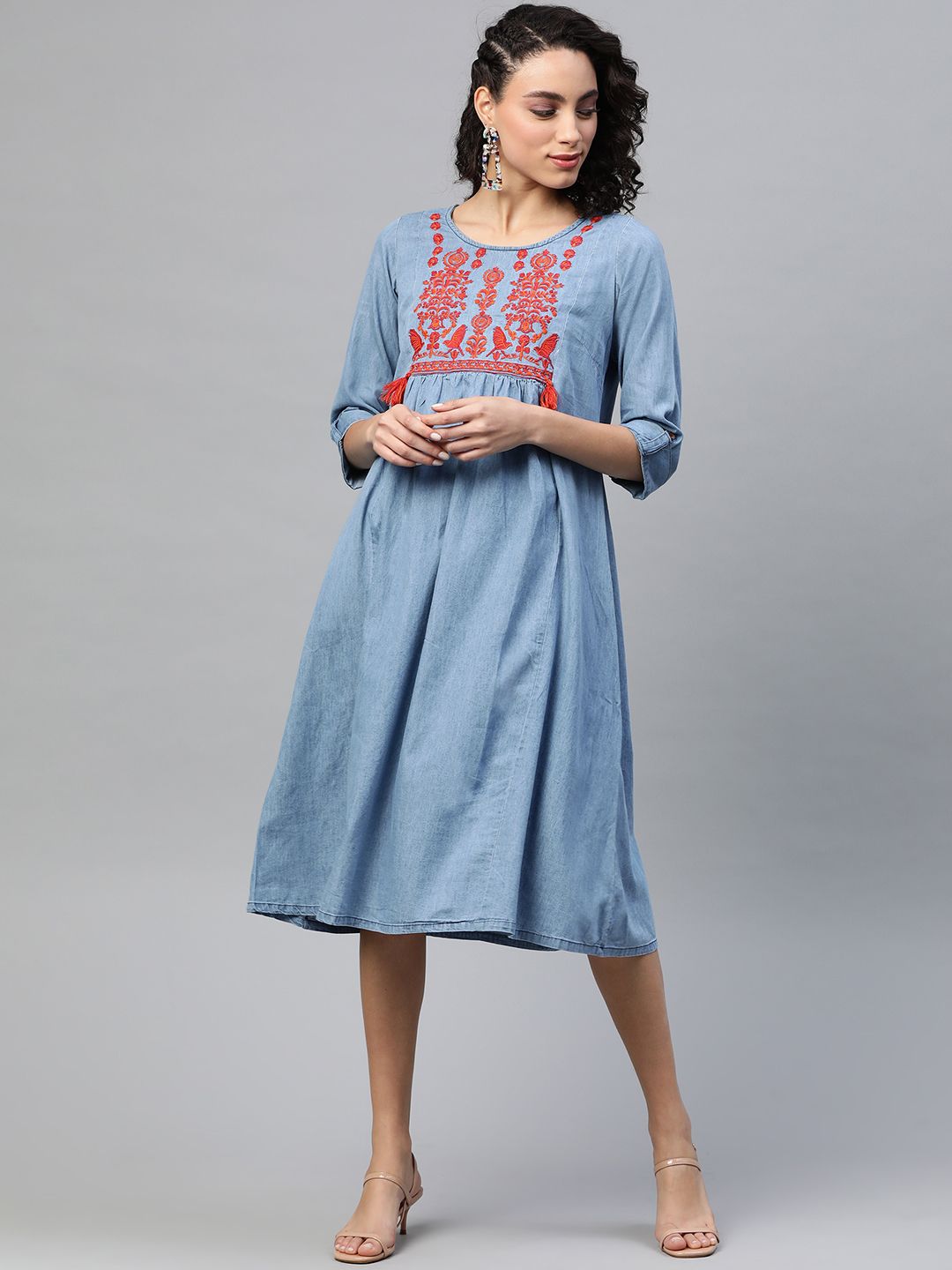 plusS Women Blue Yoke Design Embroidered Pure Cotton Chambray Midi A-Line Dress