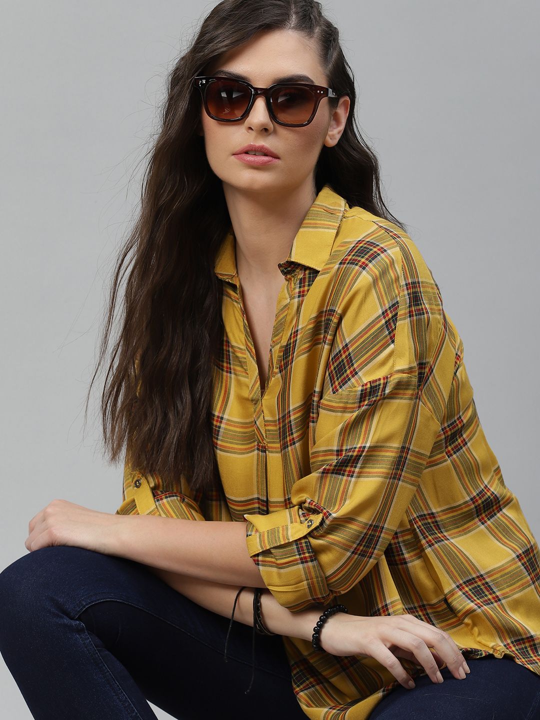 The Roadster Lifestyle Co Women Ecovero Mustard Yellow  Black Boxy Checked High-Low Shirt Style Top Price in India