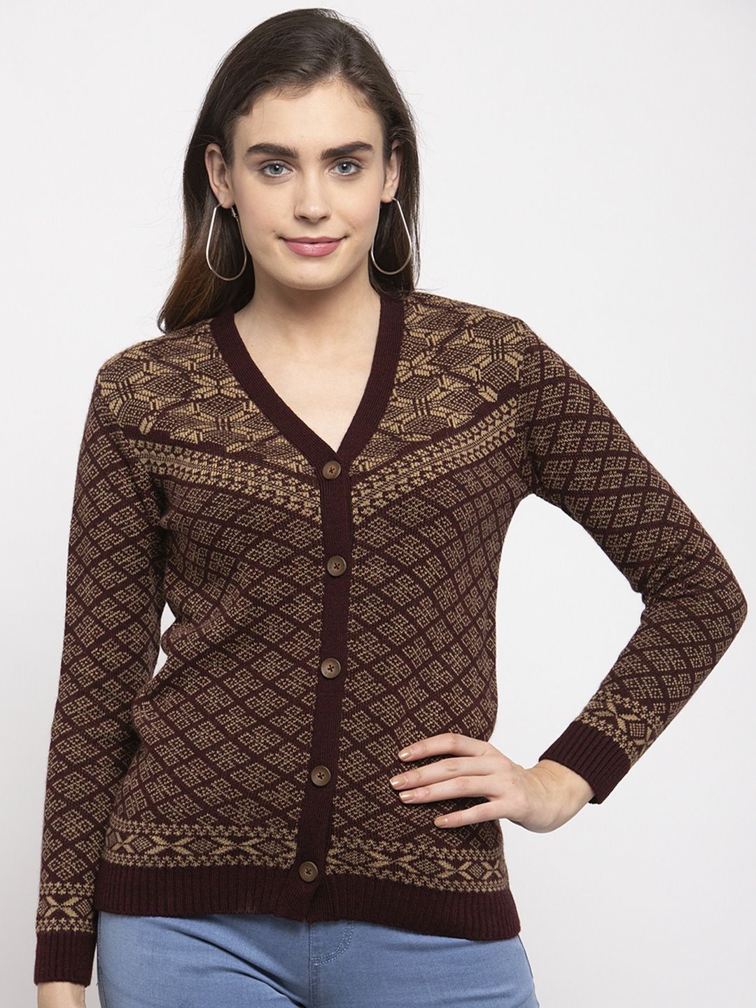 Kalt Women Maroon Self Design Cardigan Sweater Price in India