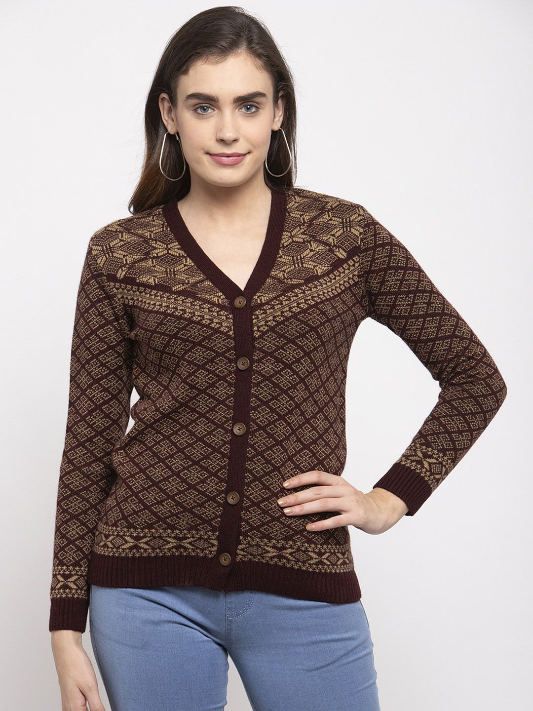Kalt Women Maroon & Beige Self-Design Acrylic Cardigan Sweater Price in India