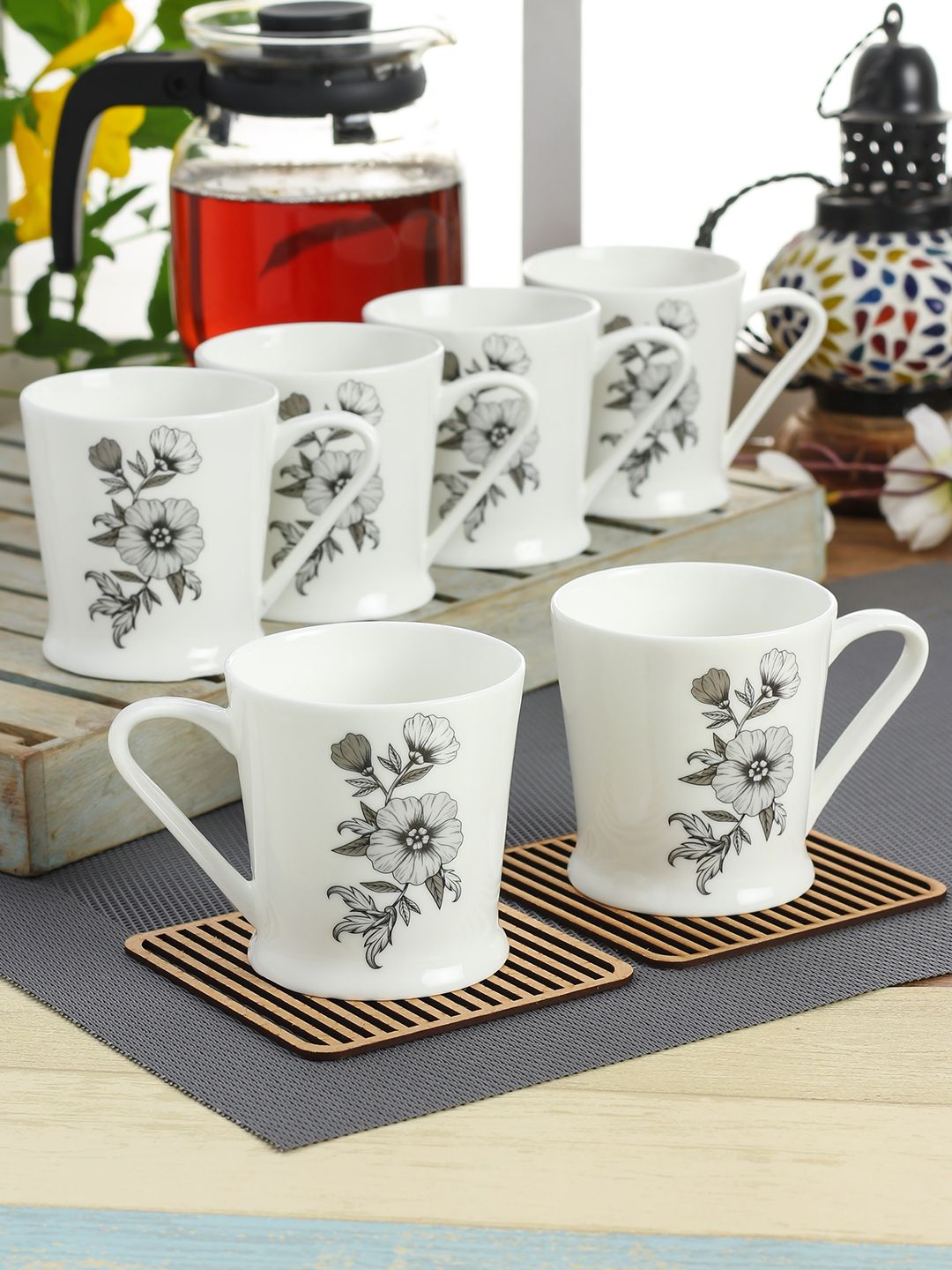 CLAY CRAFT White Printed Ceramic Cups Set of 6 Price in India