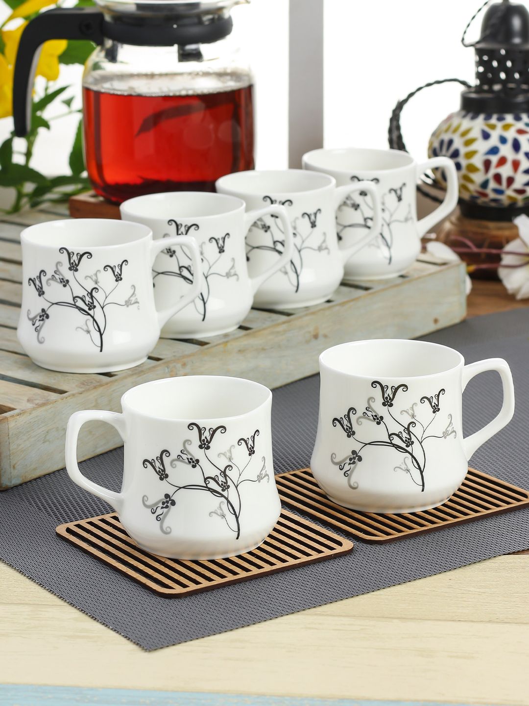 CLAY CRAFT White & Black Printed Ceramic Cups Set Price in India