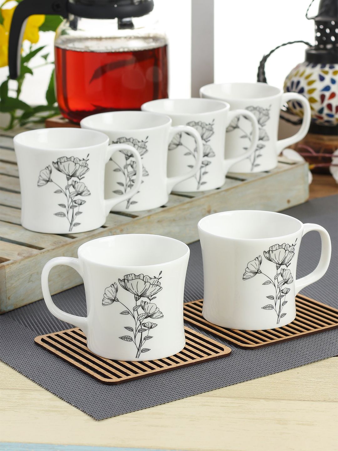 CLAY CRAFT White Printed Ceramic Cups Set of 6 Price in India