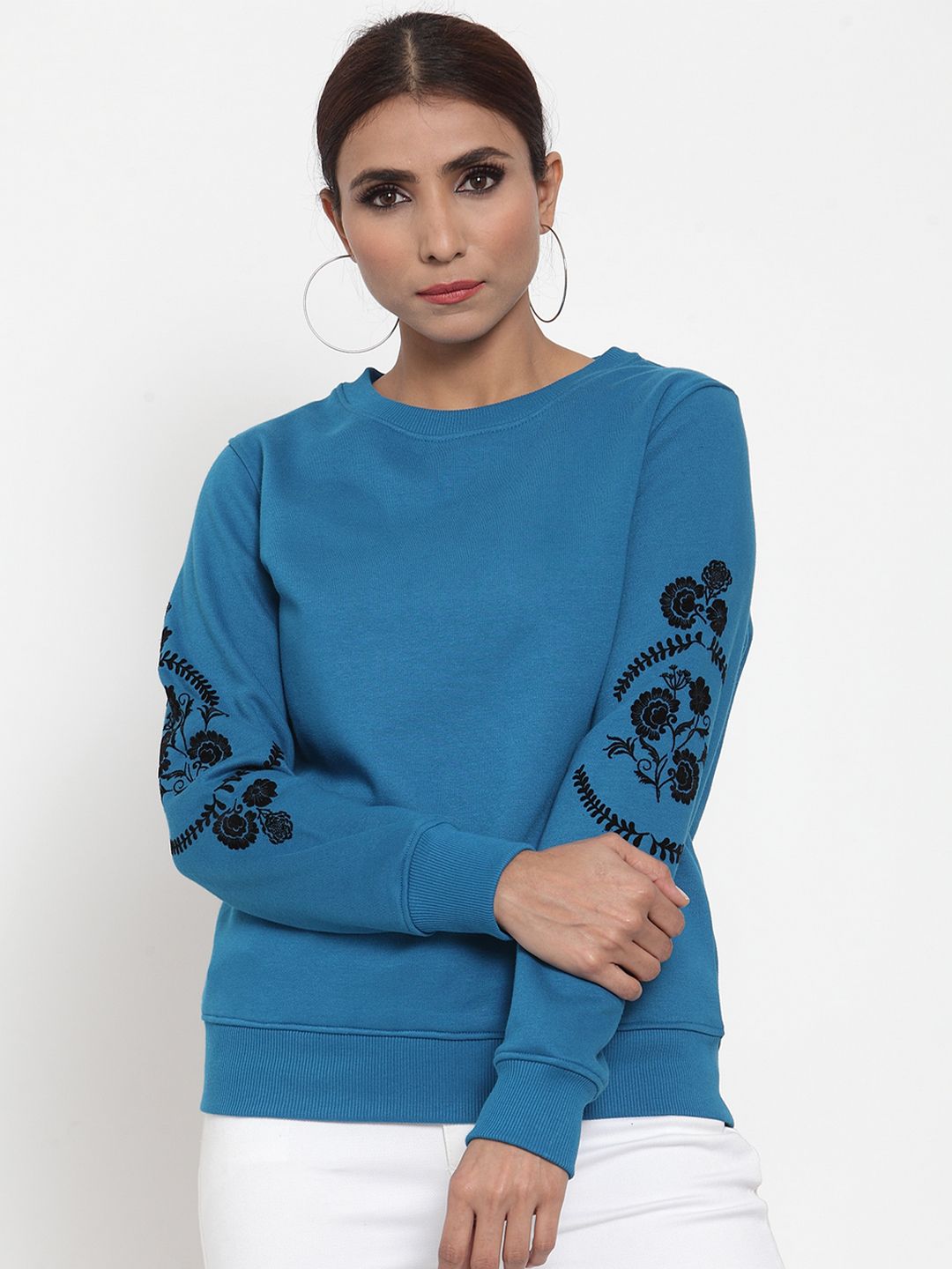 Gipsy Women Blue & Black Embroidered Sweatshirt Price in India