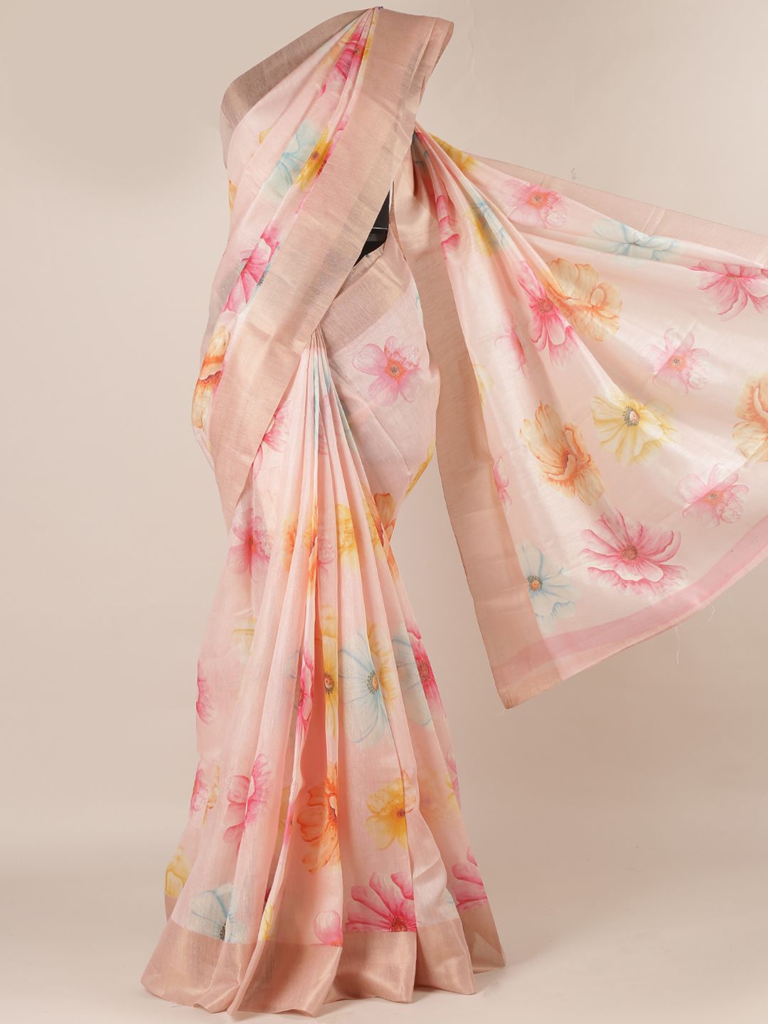 Pothys Peach-Coloured Printed Jute Silk Saree