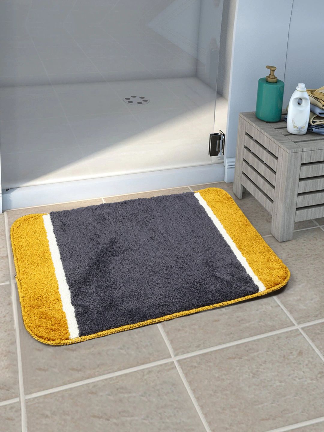 Saral Home Pack Of 2 Grey & Yellow Solid Soft Anti-Skid Bath Mats Price in India