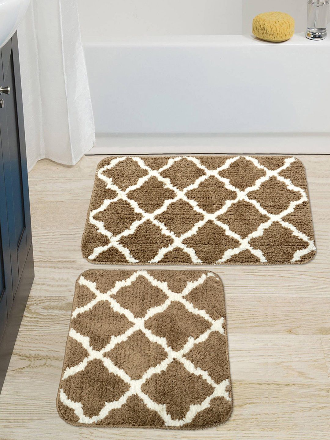 Saral Home Beige Set Of 2 Geometric Microfiber Anti-Skid Bath Mats Price in India