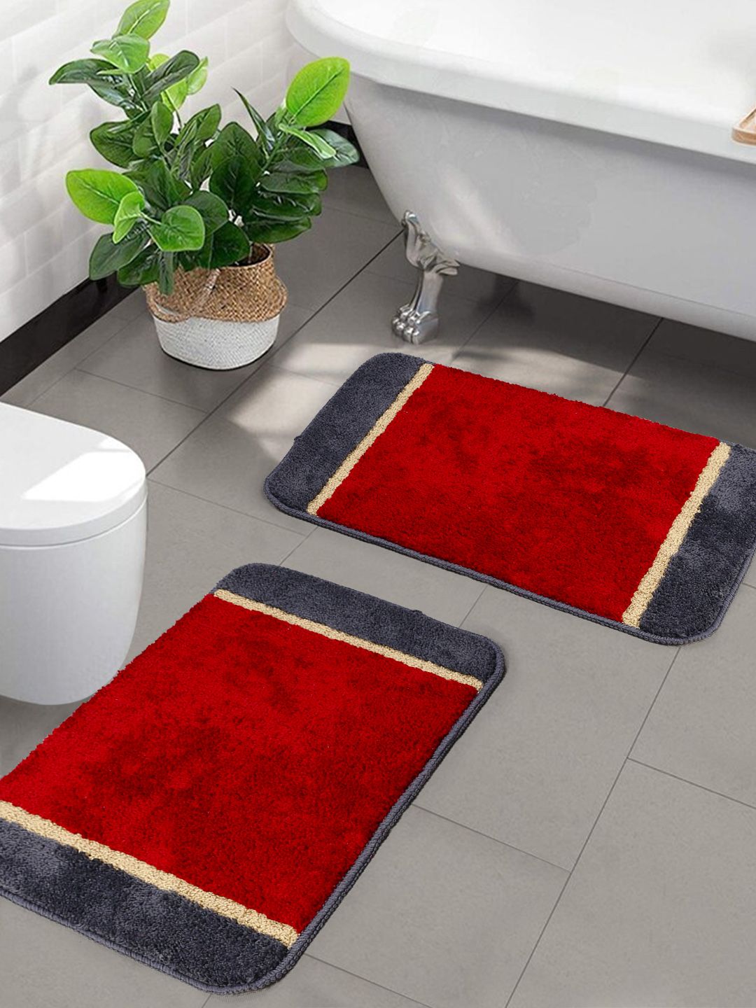 Saral Home Set Of 2 Red & Grey Solid Anti-Skid Bath Rugs