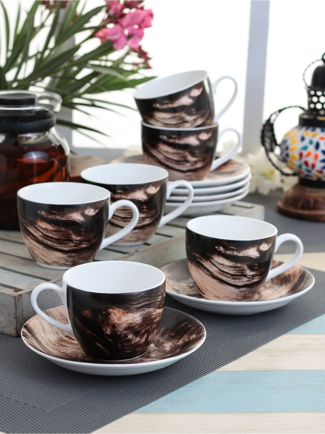 CLAY CRAFT Set Of 12 Brown & Black Printed Cup And Saucer Price in India