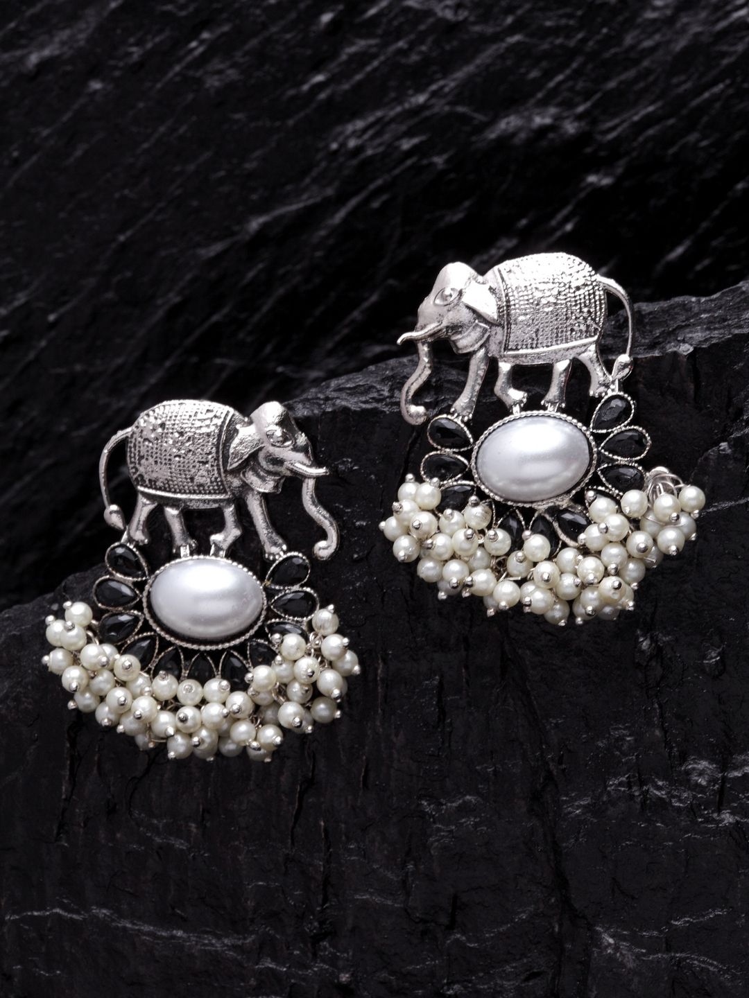PANASH Silver-Plated Oxidised Contemporary Drop Earrings Price in India