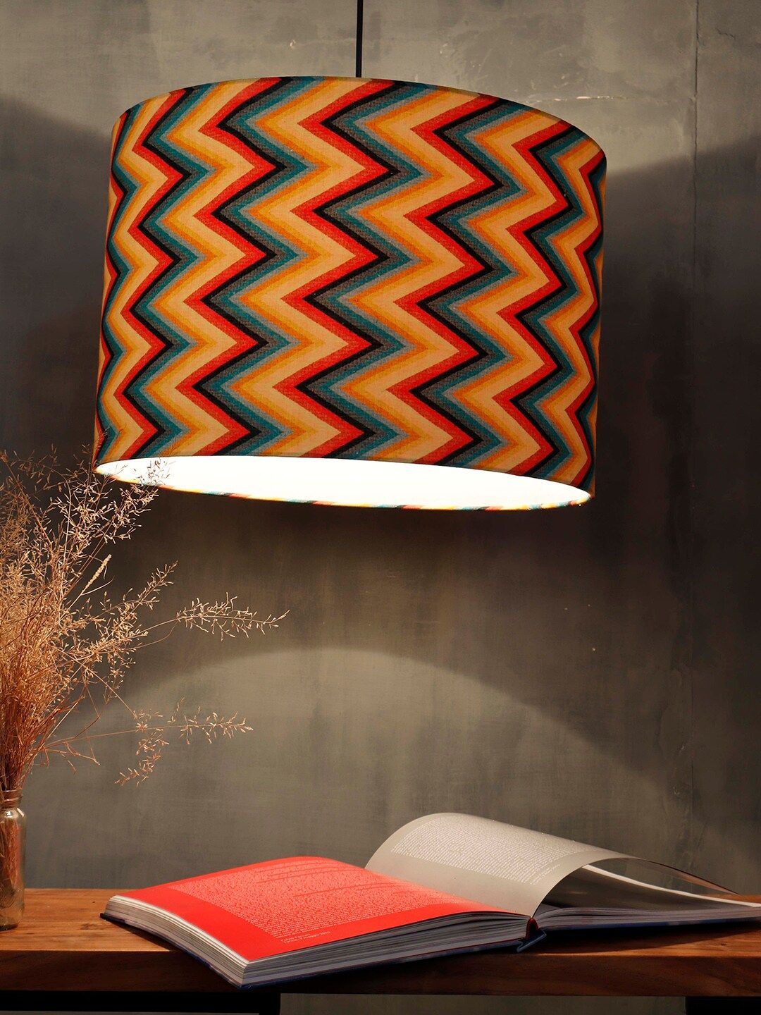 Grated Ginger Yellow & Blue Zigzag Pattern Drum Hanging Lampshade Price in India