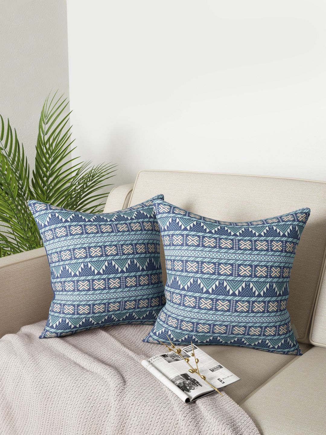 PETAL HOME Blue Set of 2 Ethnic Motifs Square Cushion Covers Price in India