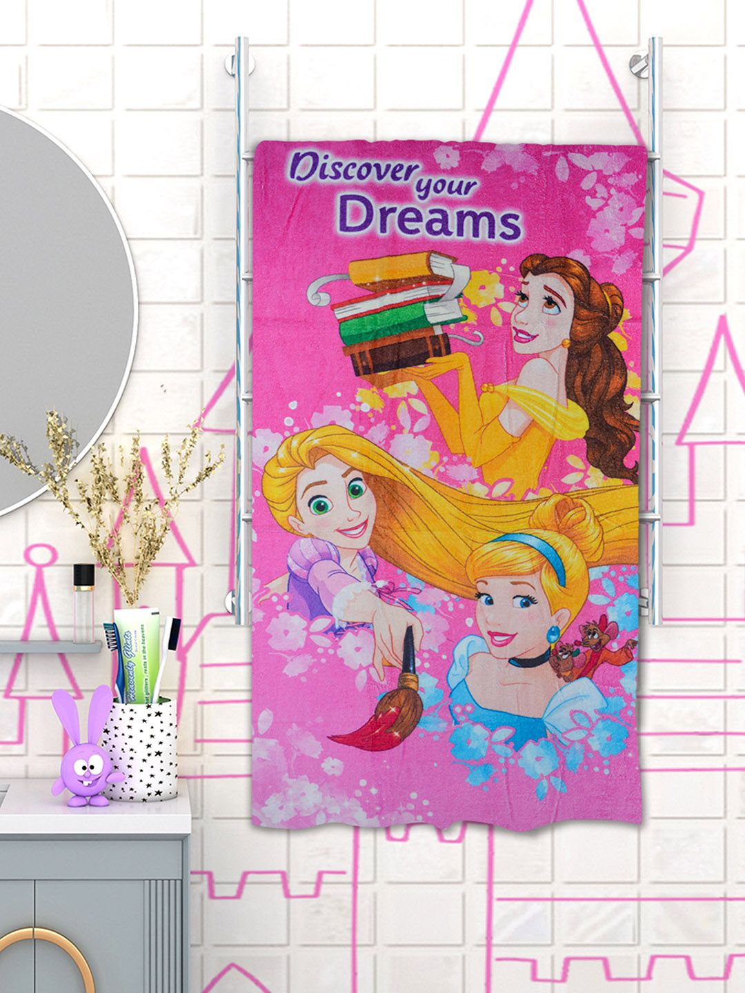 Disney Athom Trendz Unisex Kids Pink & Yellow Princess Printed 350 GSM Bath Towel
