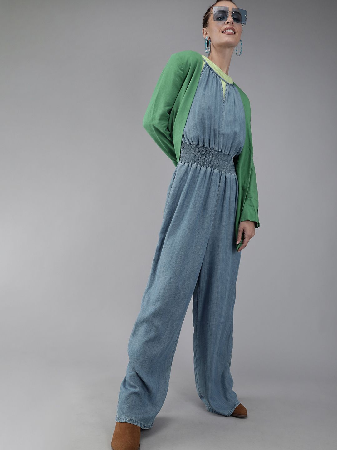 Vero Moda Women Blue Solid Chambray Basic Jumpsuit Price in India