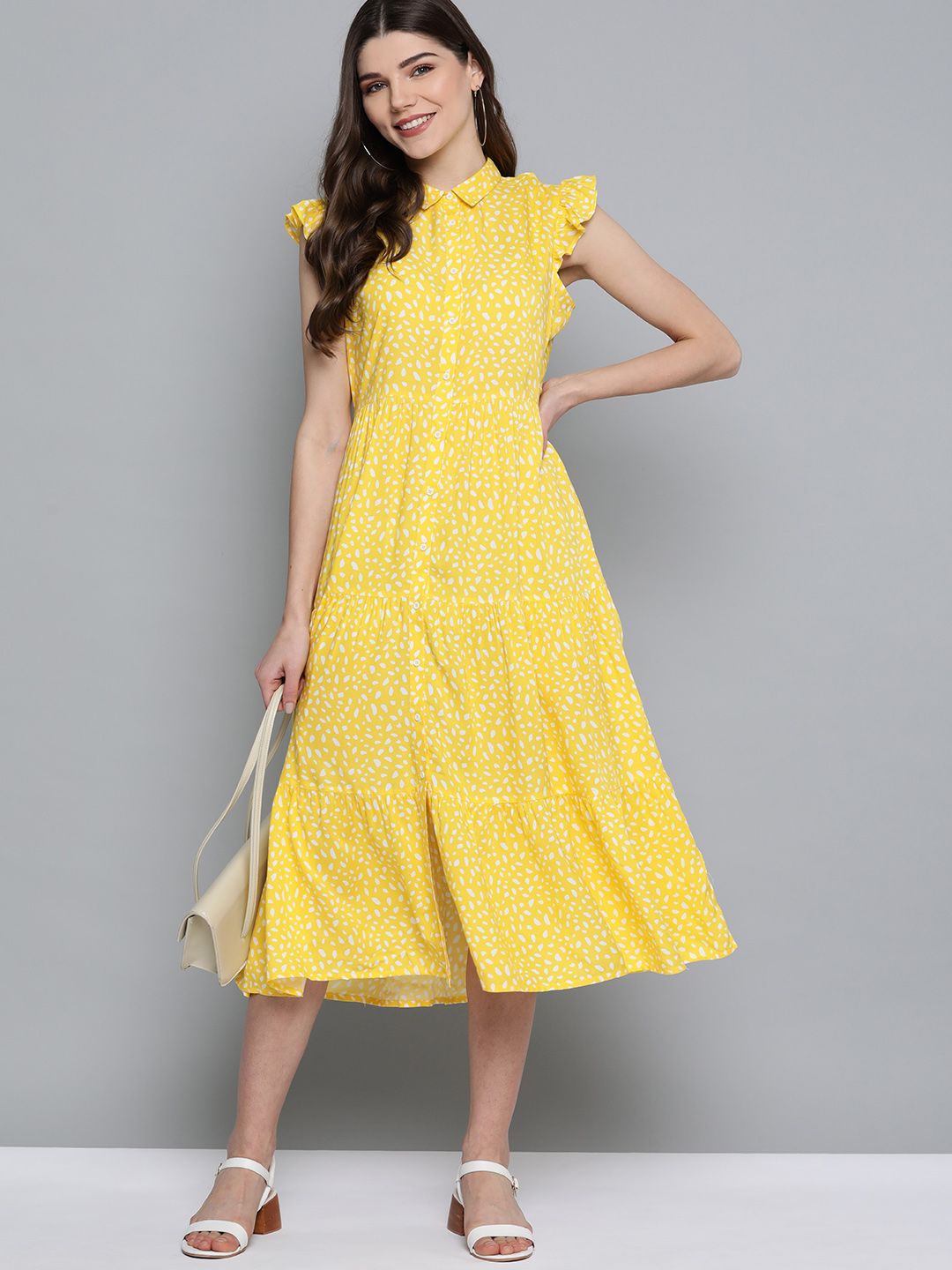 Mast & Harbour EcoVero Women Yellow & White Abstract Printed Tiered Shirt Dress Price in India