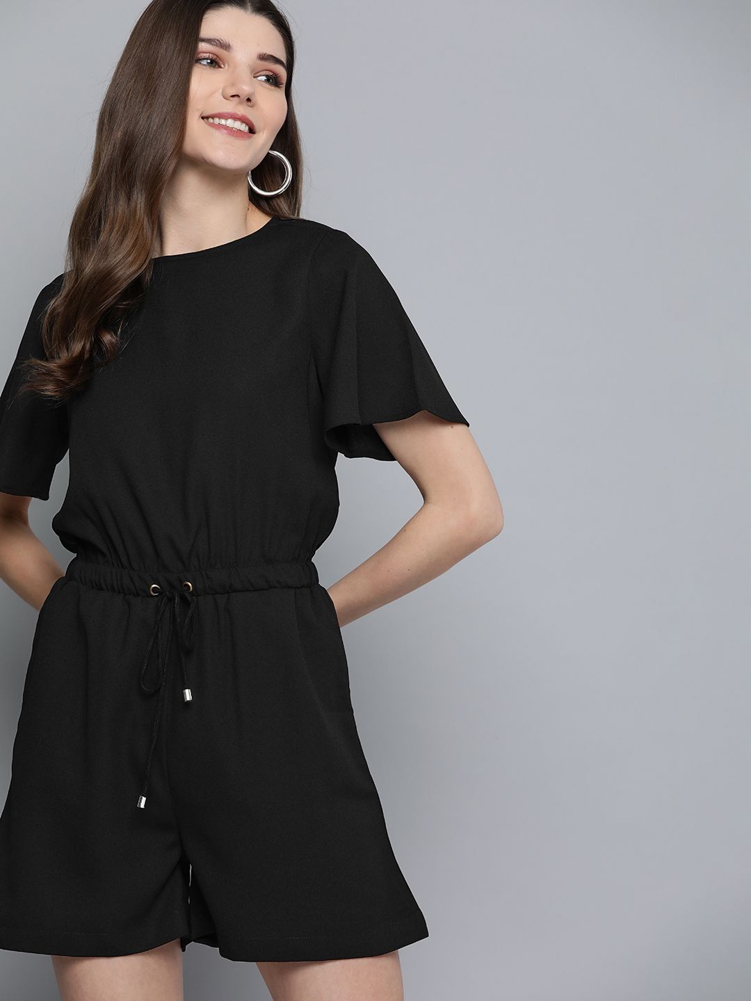 Mast & Harbour Women Black Flutter Sleeves Solid Playsuit Price in India