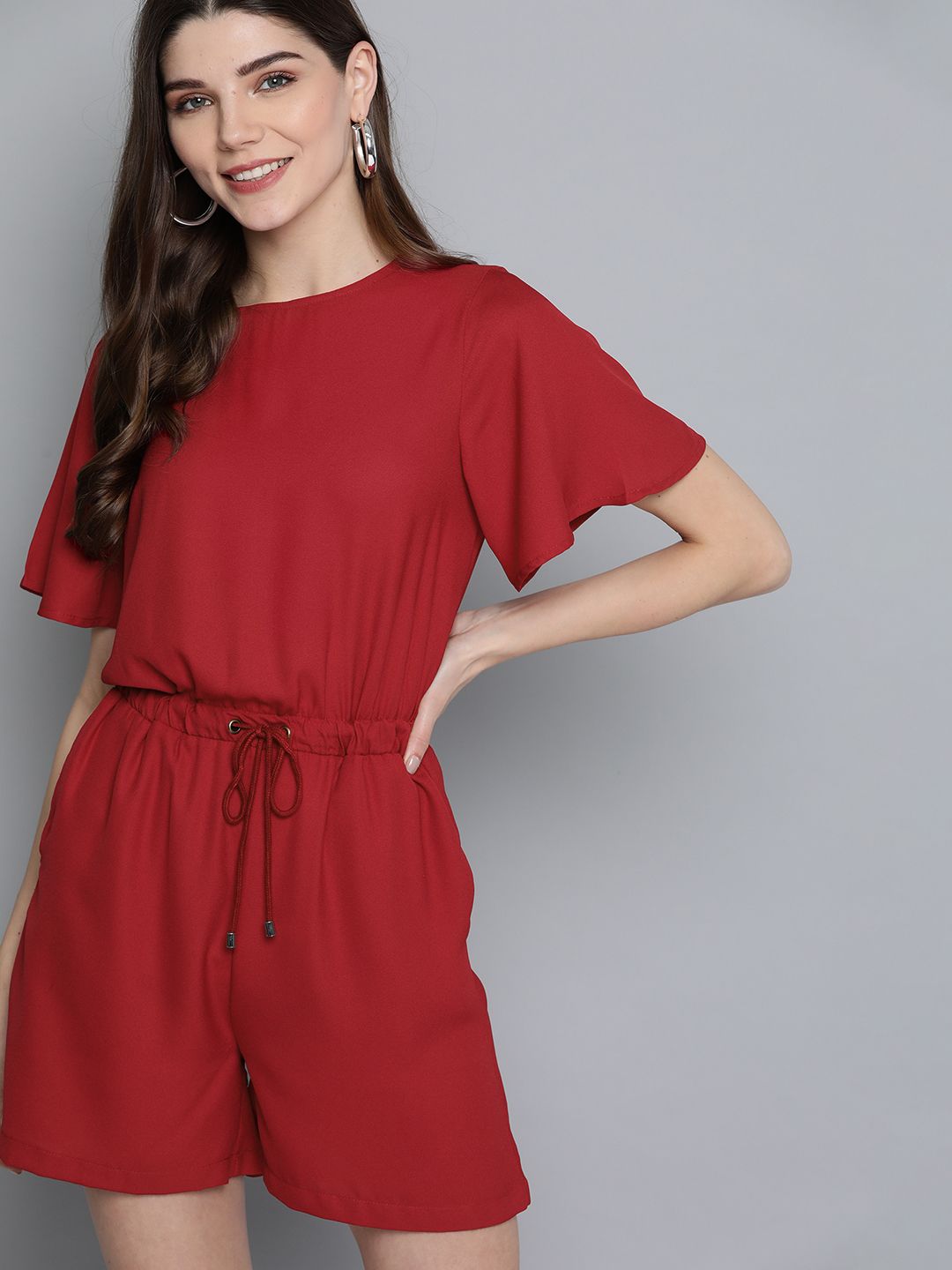 Mast & Harbour Women Red Flutter Sleeves Solid Playsuit Price in India