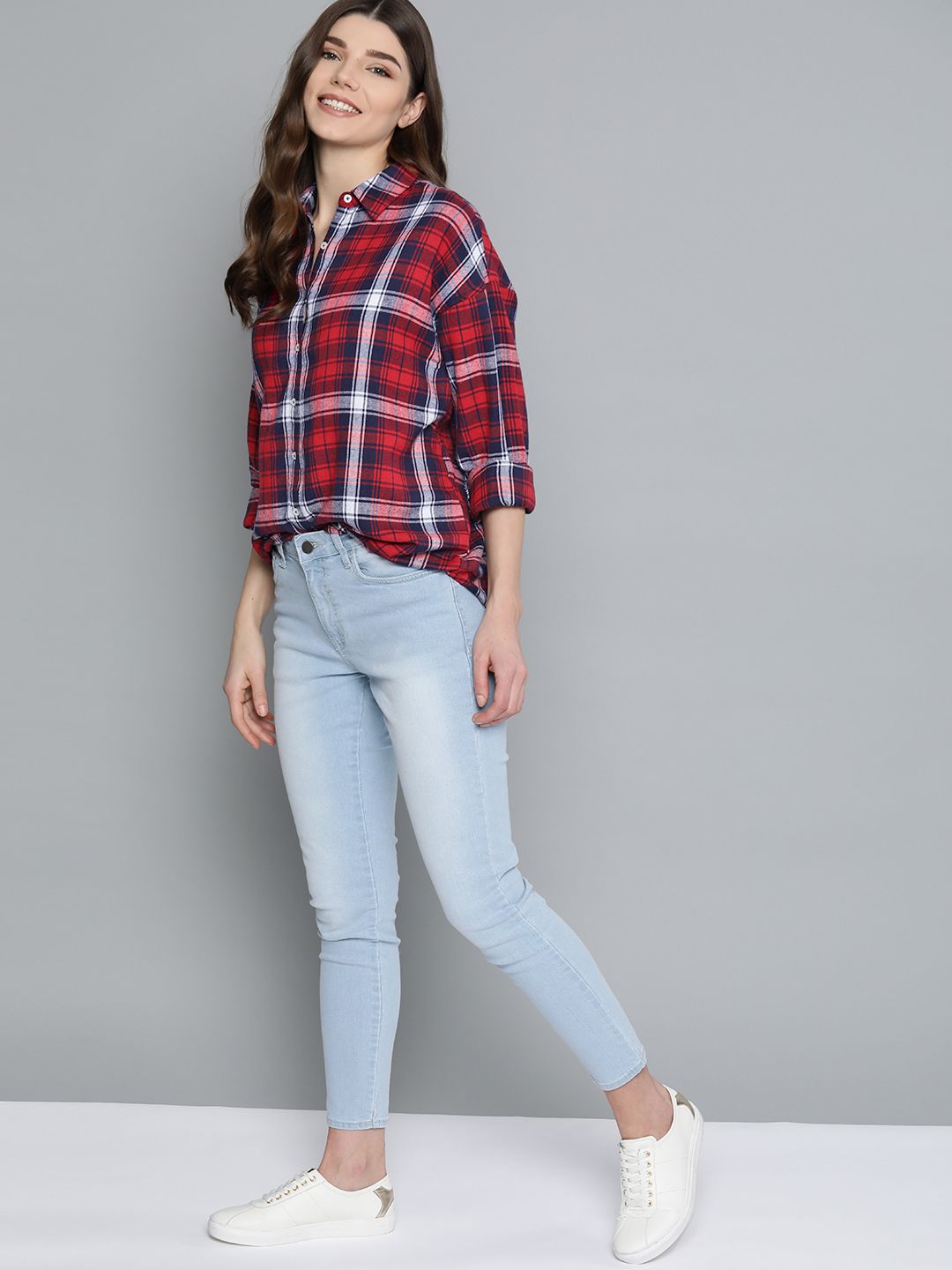 Mast & Harbour Women Red & Navy Pure Cotton Checked Casual Shirt