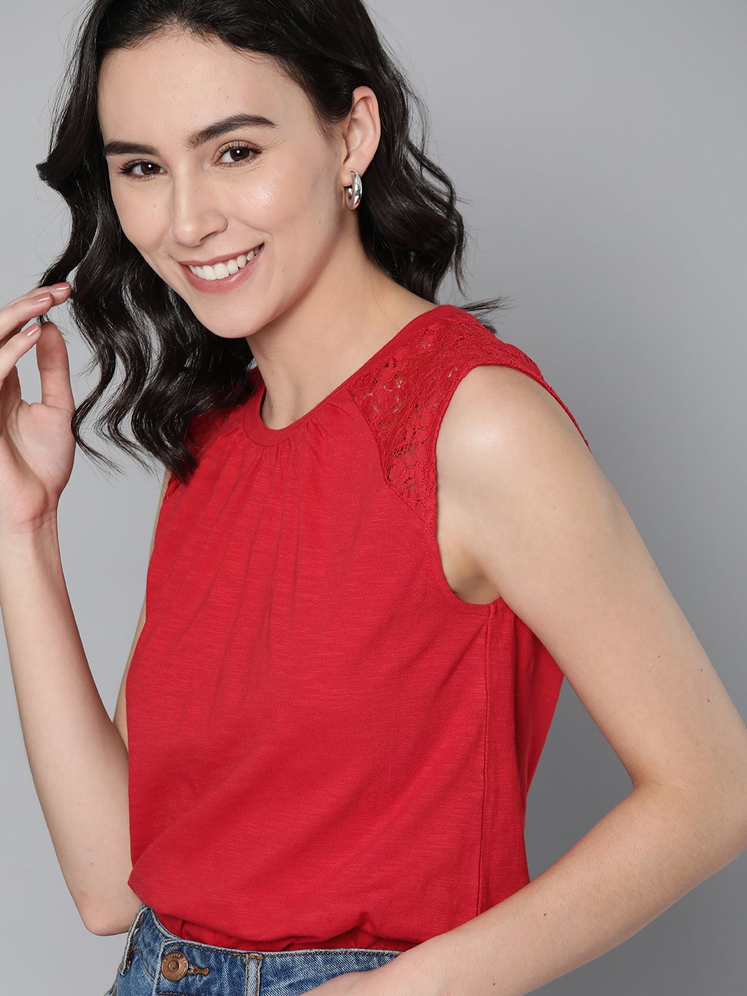 Mast & Harbour Women Red Solid Pure Cotton Top With Lace Insert Detail