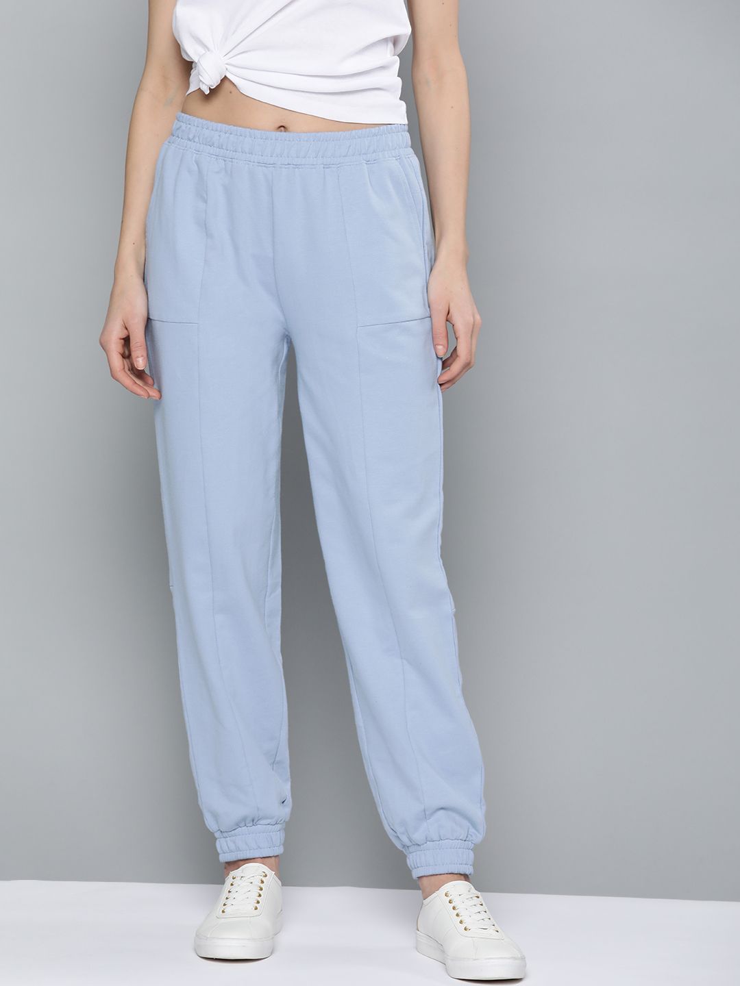 Mast & Harbour Women Blue Pure Cotton Solid Relaxed Fit Joggers Price in India