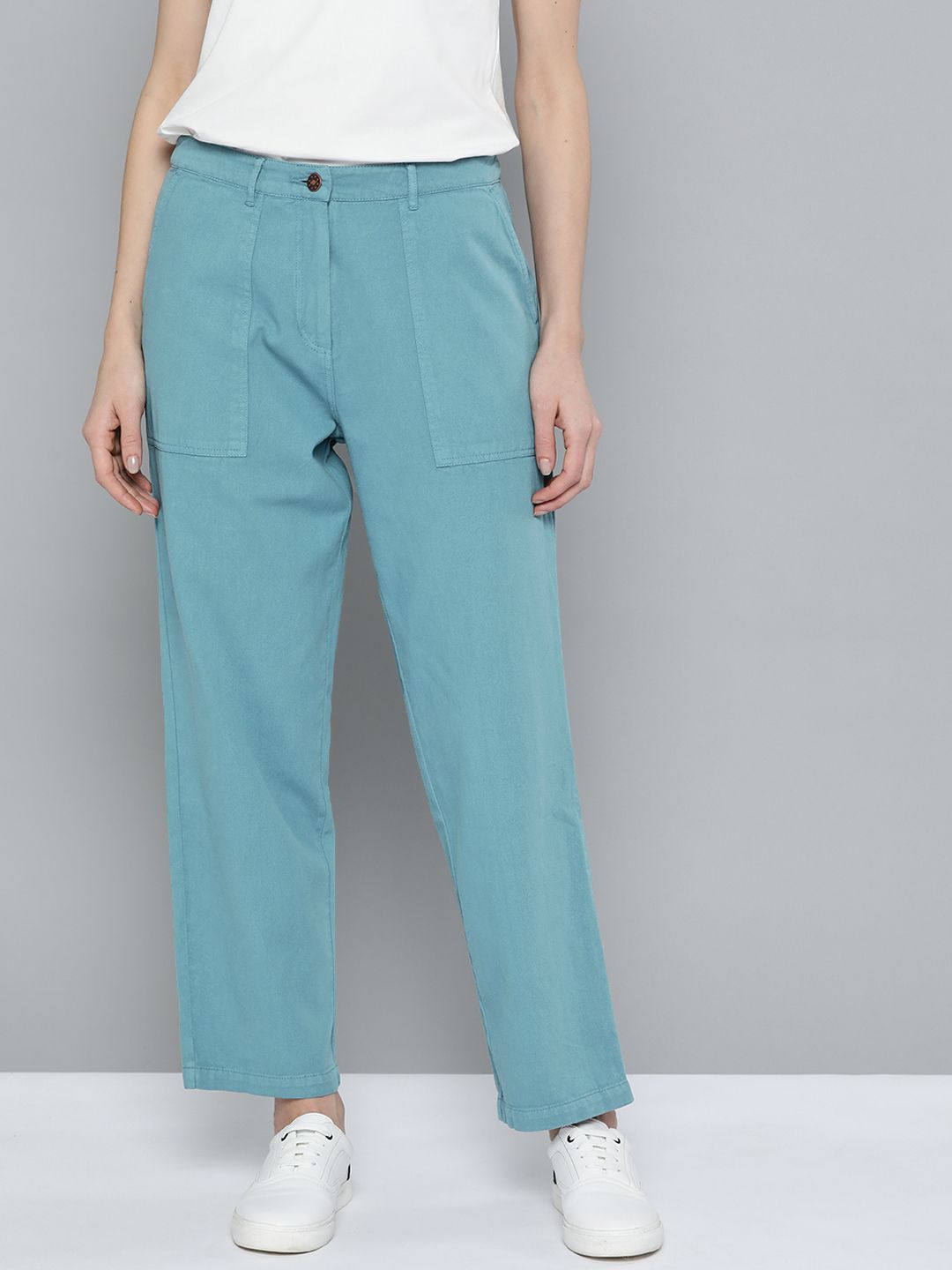 Mast & Harbour Women Turquoise Blue Solid Regular Trousers Price in India