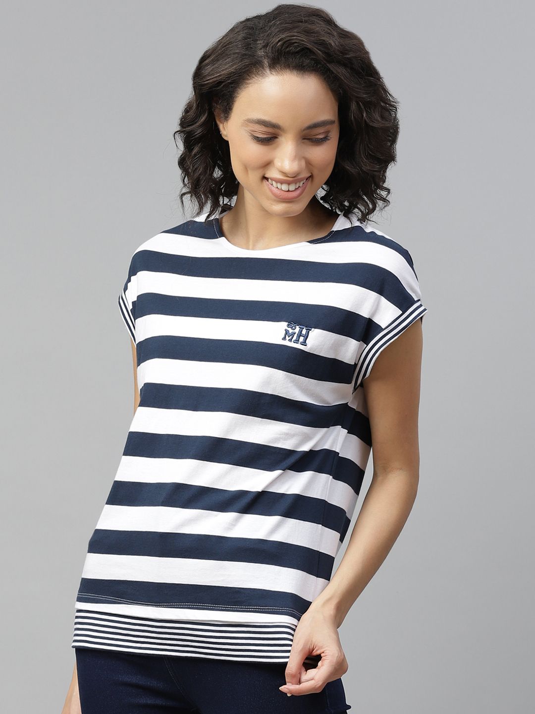 Mast & Harbour Women White & Navy Blue Striped Drop-Shoulder Sleeves Cotton T-shirt