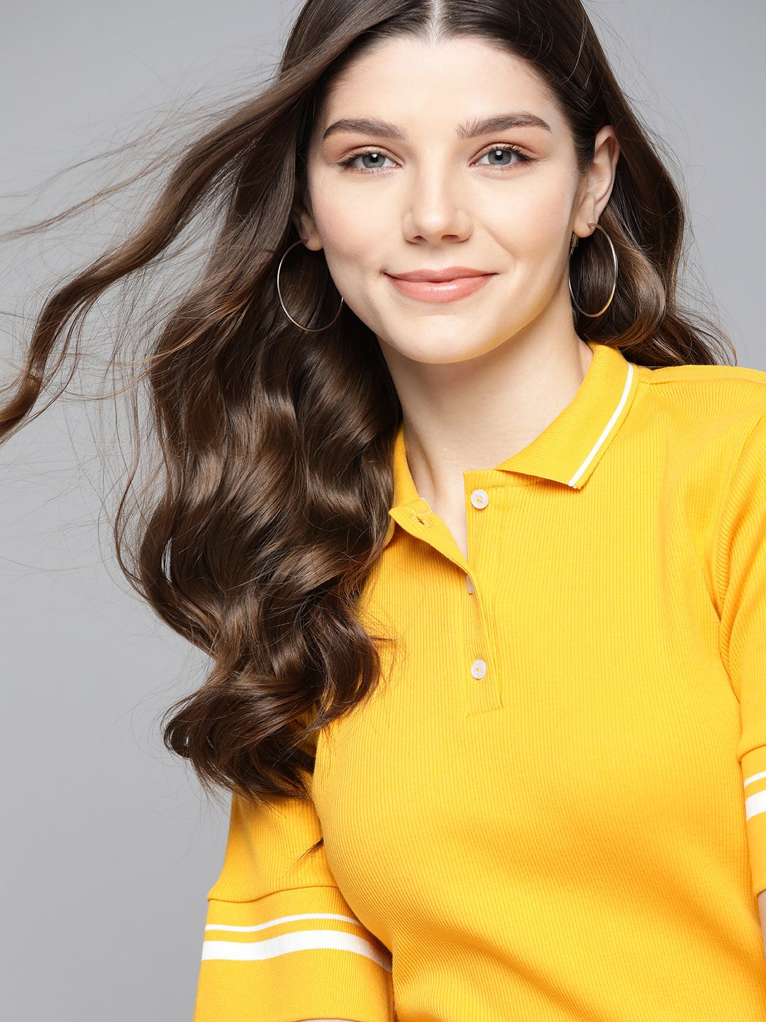 Mast  Harbour Women Yellow Solid Pure Cotton Polo Collar Pure Cotton T-shirt