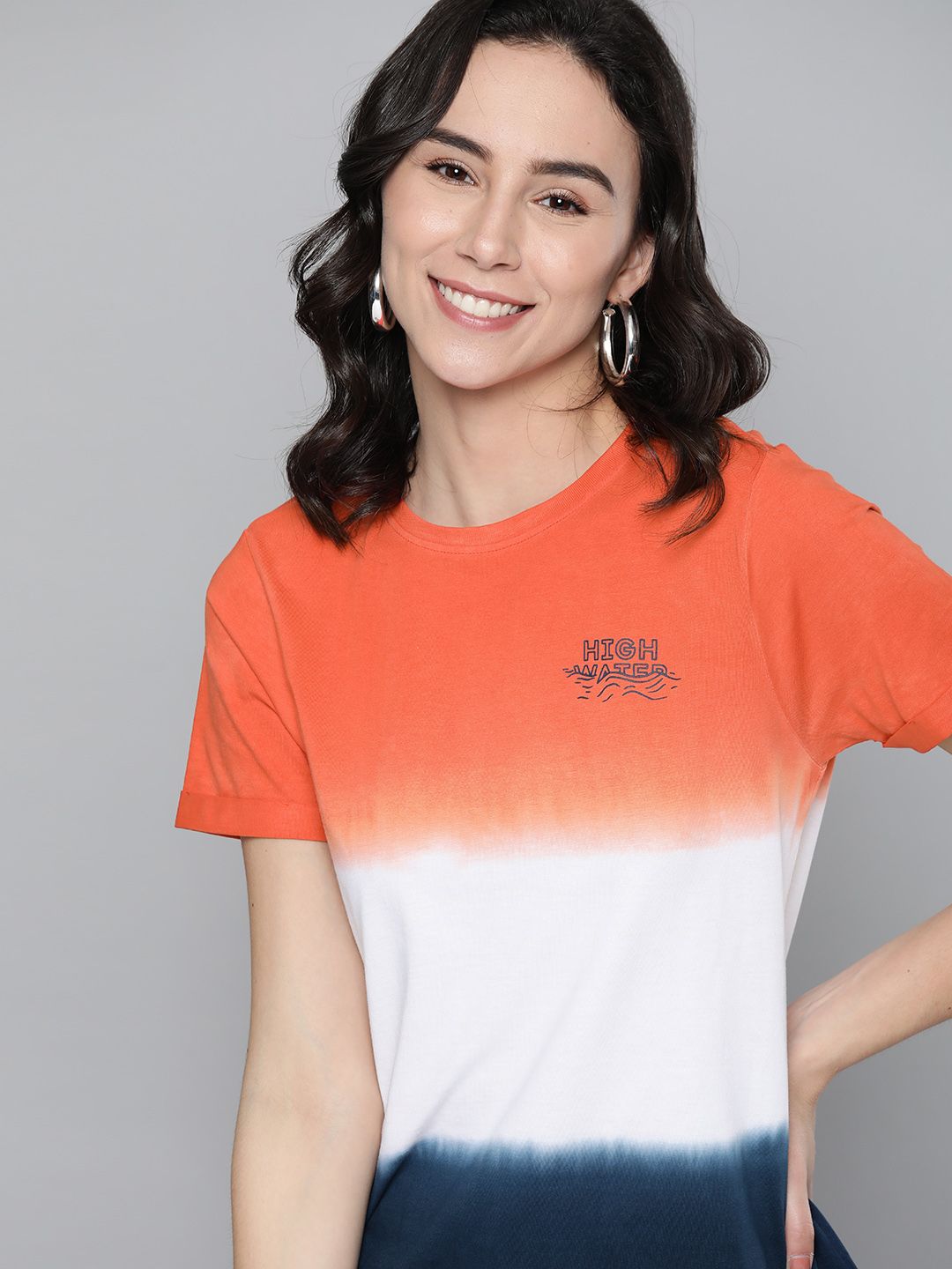 Mast & Harbour Women Orange & White Pure Cotton Dyed Round Neck T-shirt