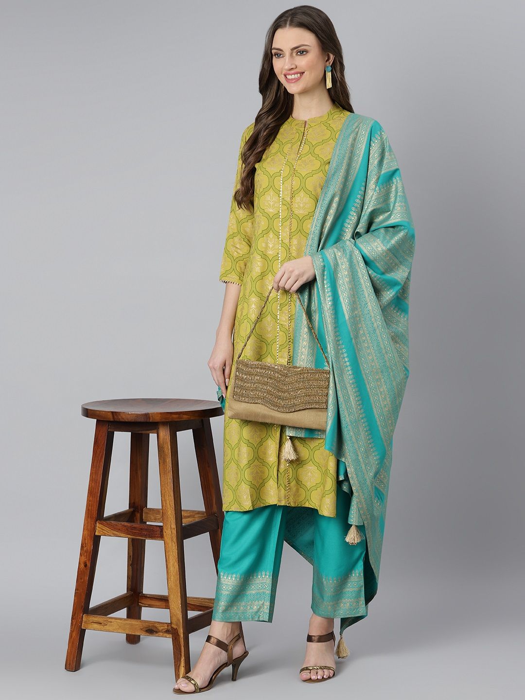 Khushal K Women Lime Green Printed Kurta with Churidar & Dupatta Price in India