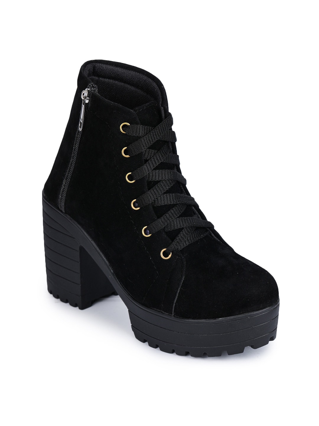 Funku Fashion Women Black Solid Suede Mid-Top Heeled Boots Price in India