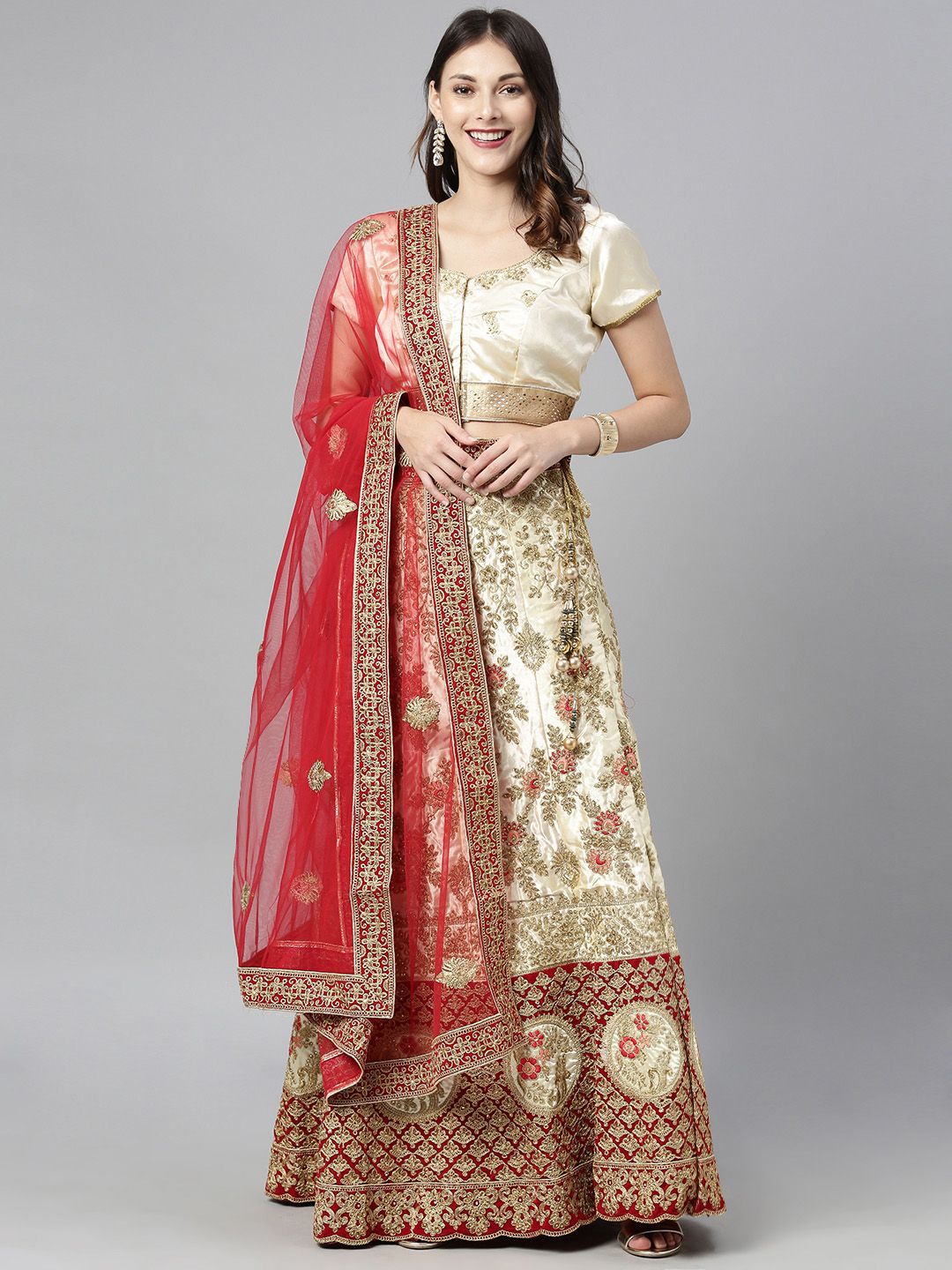 The Chennai Silks Gold-Toned & Maroon Embroidered Ready to Wear Lehenga & Made to Measure Blouse with Dupatta