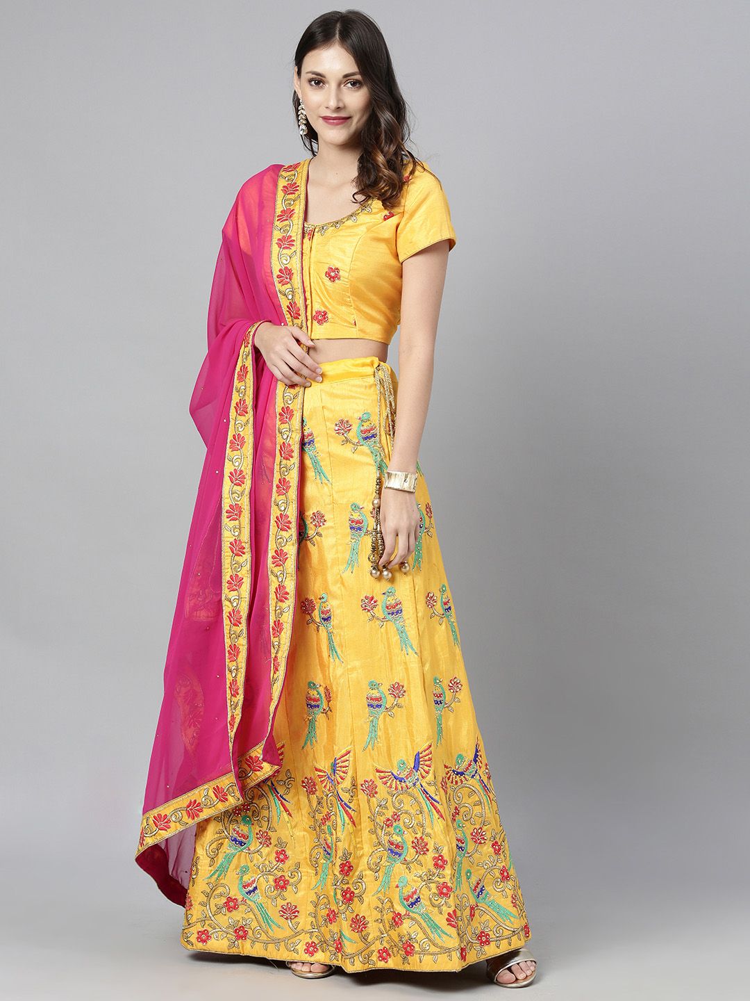 The Chennai Silks Mustard Yellow Embroidered Lehenga & Made to Measure Blouse with Dupatta