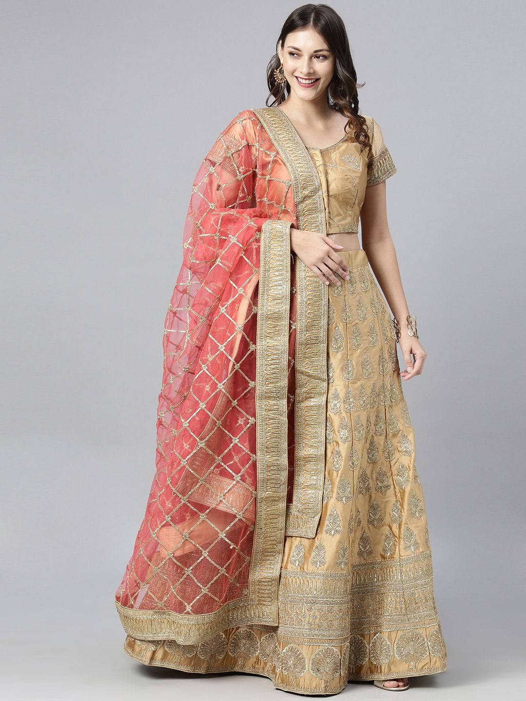 The Chennai Silks Beige & Golden Embroidered Lehenga & Made to Measure Blouse with Dupatta