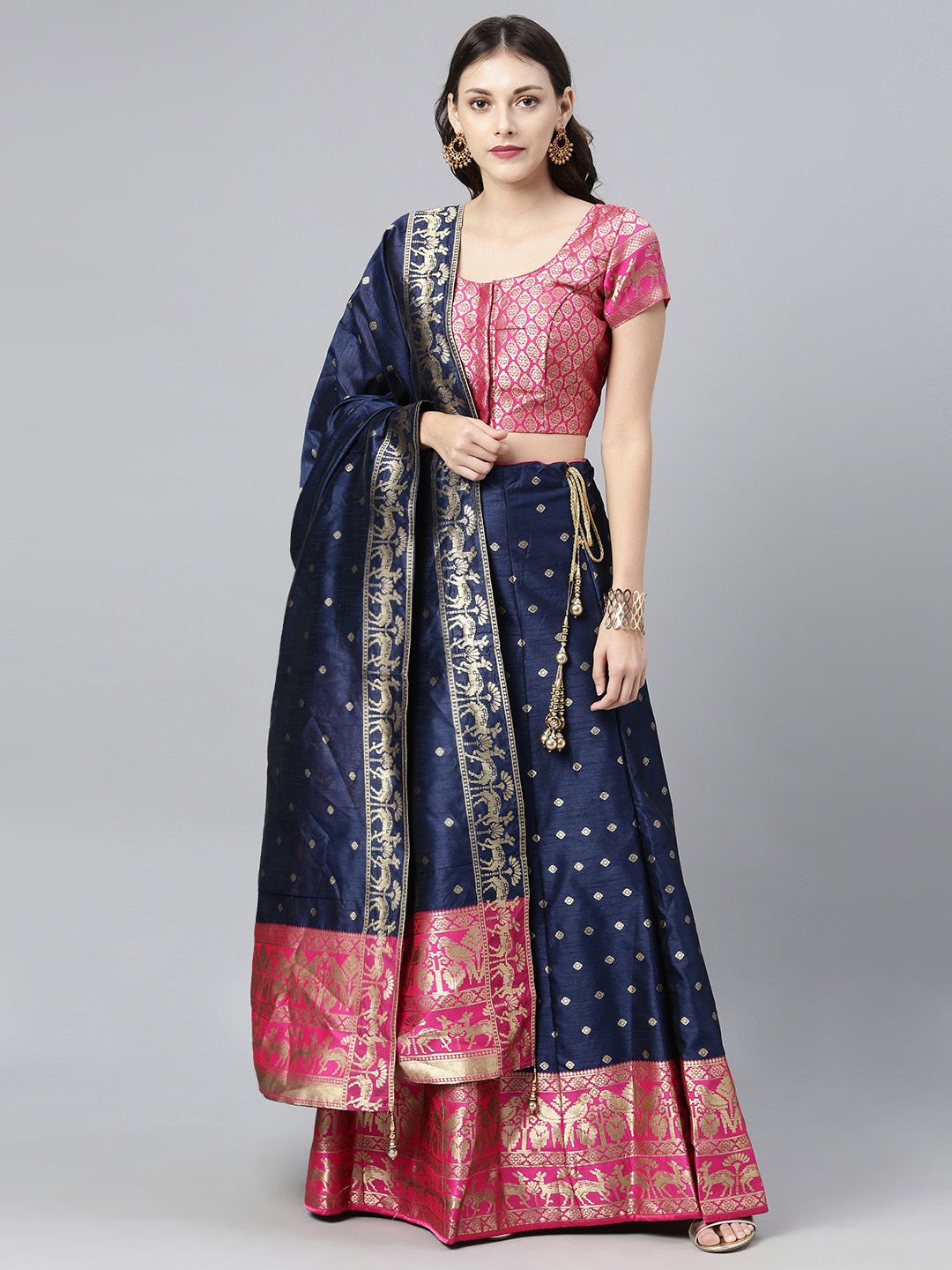 The Chennai Silks Navy Blue & Pink Woven Design Ready to Wear Lehenga & Made to Measure Blouse with Dupatta