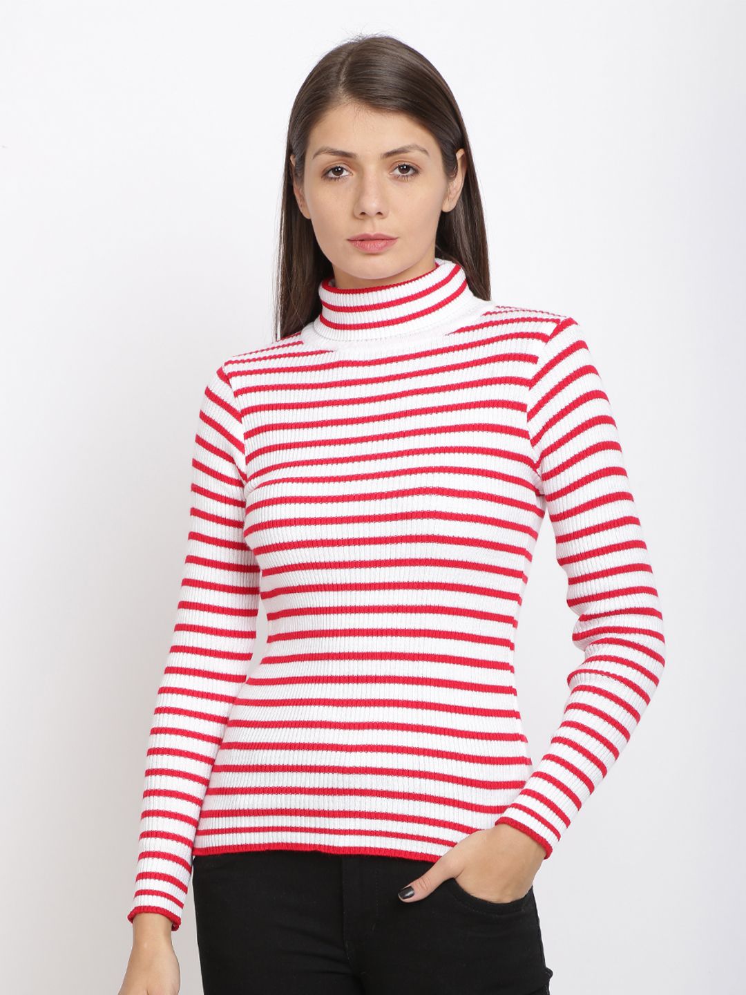 BEVERLY BLUES Women Red & White Striped Pullover Sweater Price in India