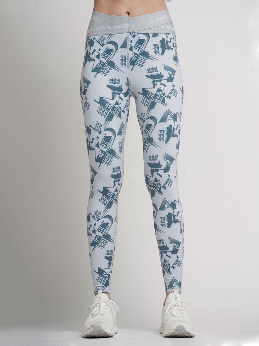 Cultsport Women White & Grey Printed Tights Price in India