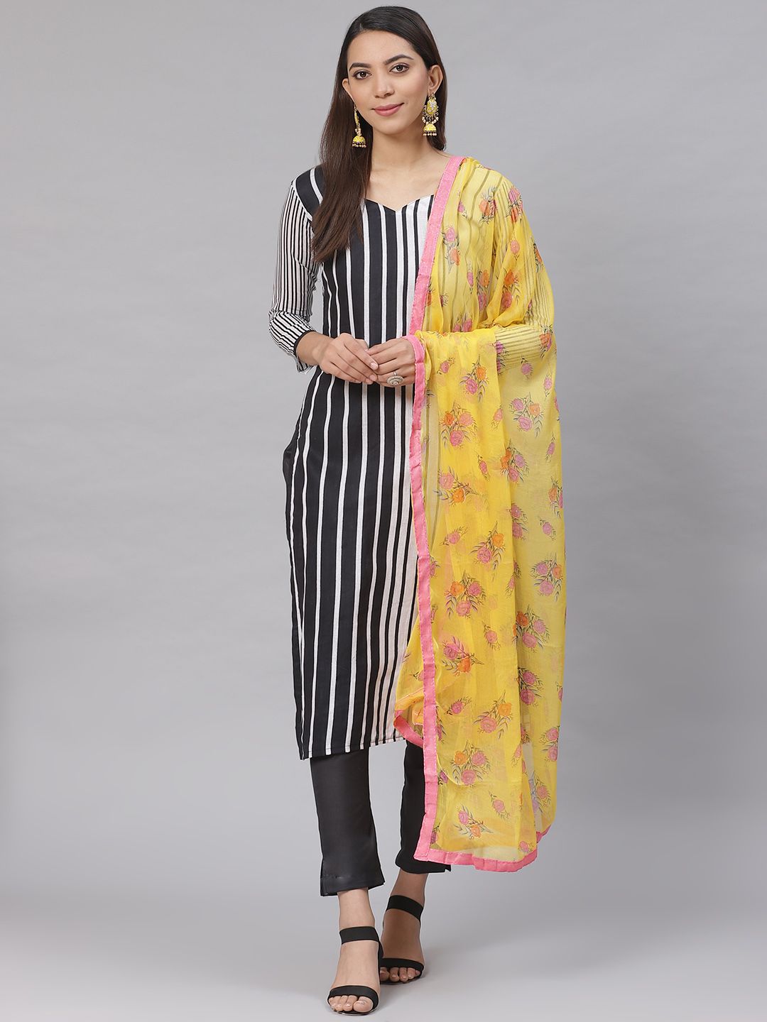 Saree mall Black & White Striped Semi-Stitched Dress Material Price in India