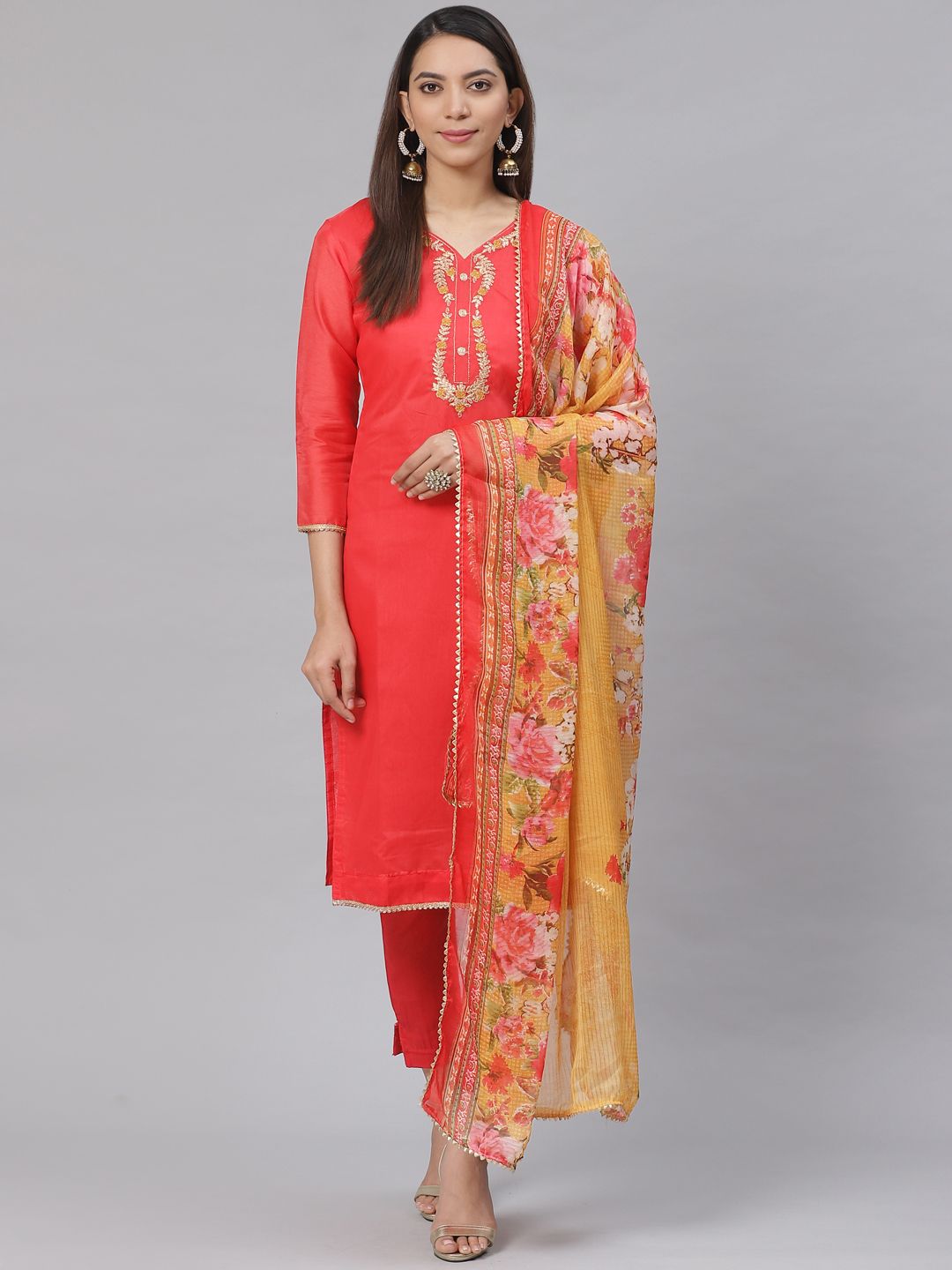 Saree mall Red & Mustard Yellow Embroidered Yoke Design Unstitched Dress Material Price in India