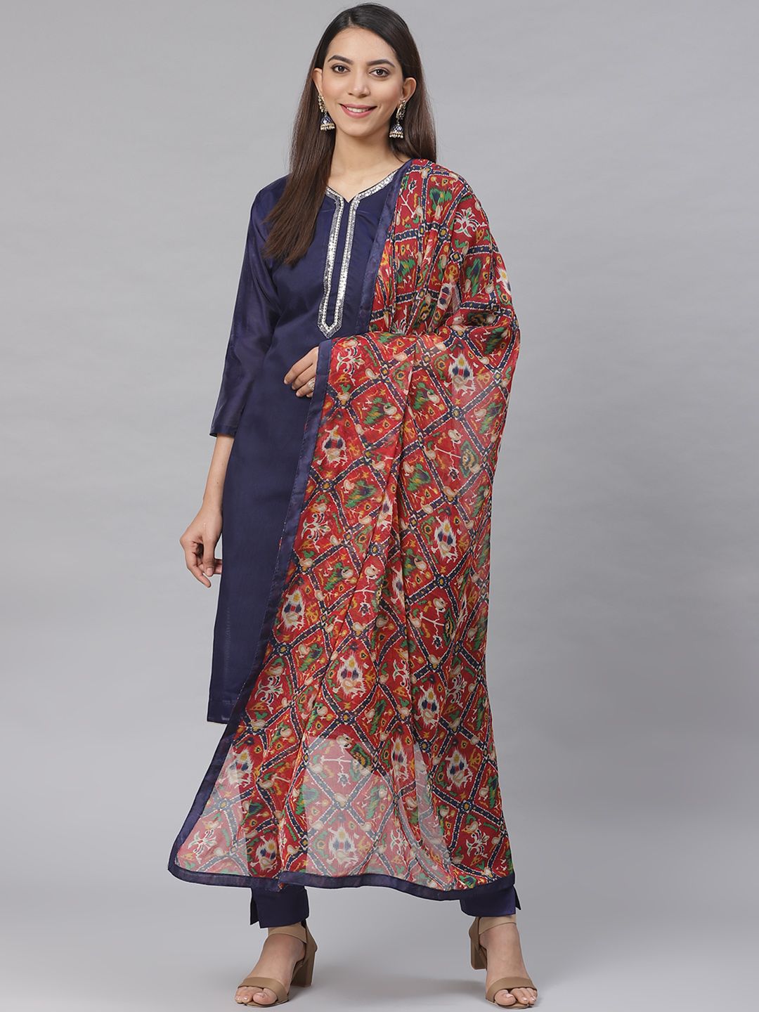 Saree mall Navy Blue & Red Unstitched Dress Material Price in India