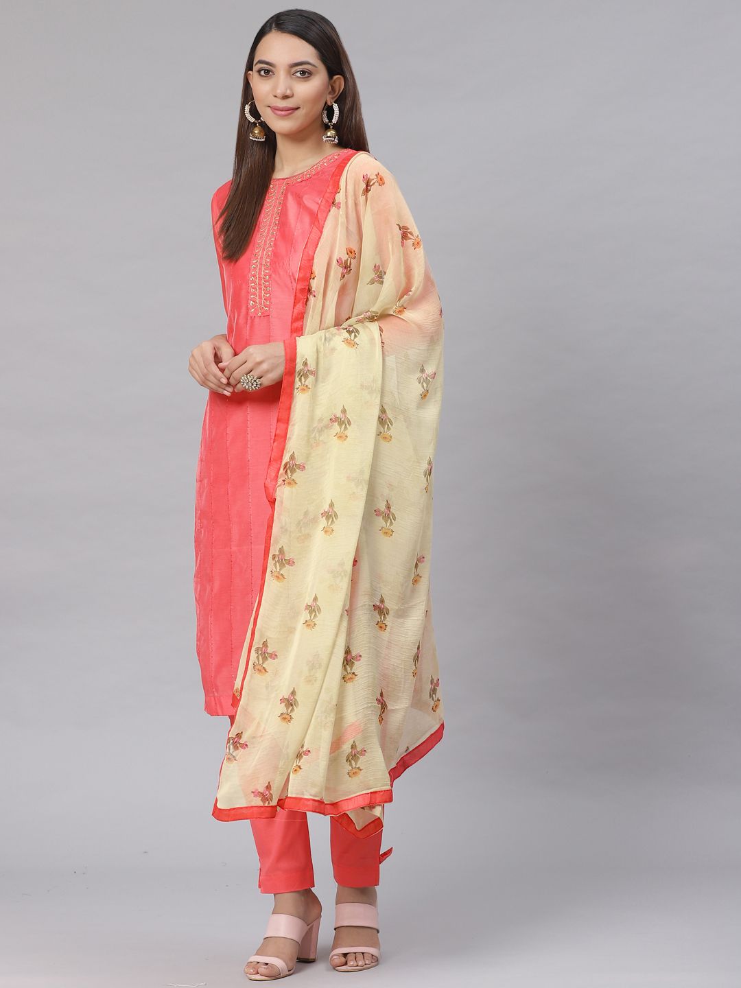 Saree mall Peach-Coloured Embroidered Semi-Stitched Dress Material Price in India