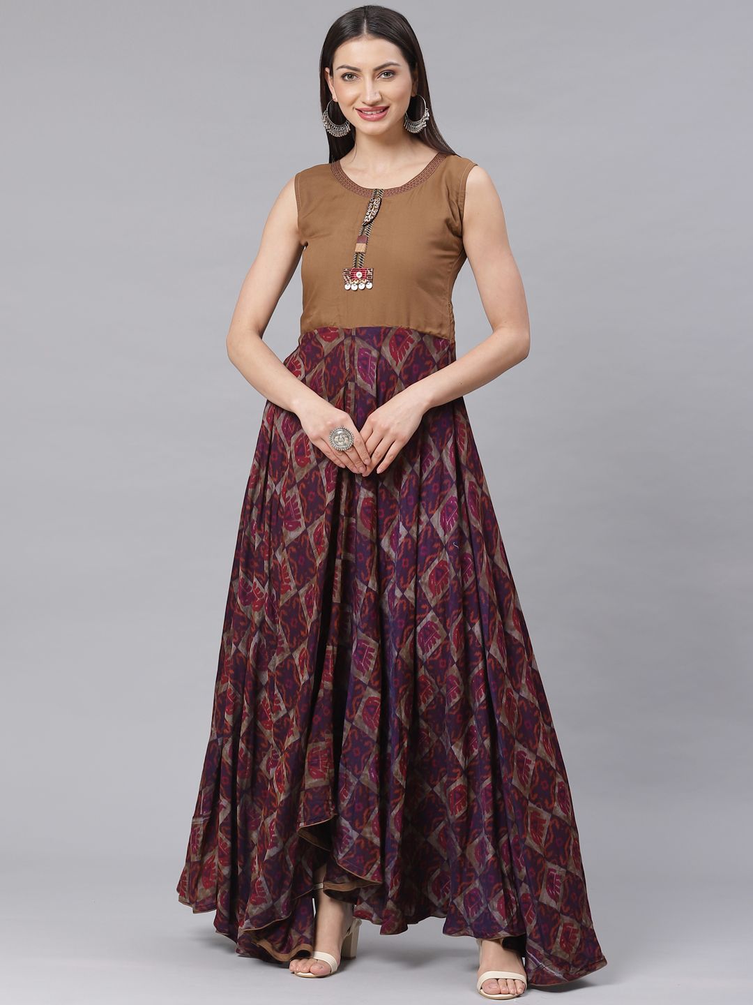 Chhabra 555 Women Brown & Purple Printed Made to Measure Asymmetric Maxi Dress Price in India