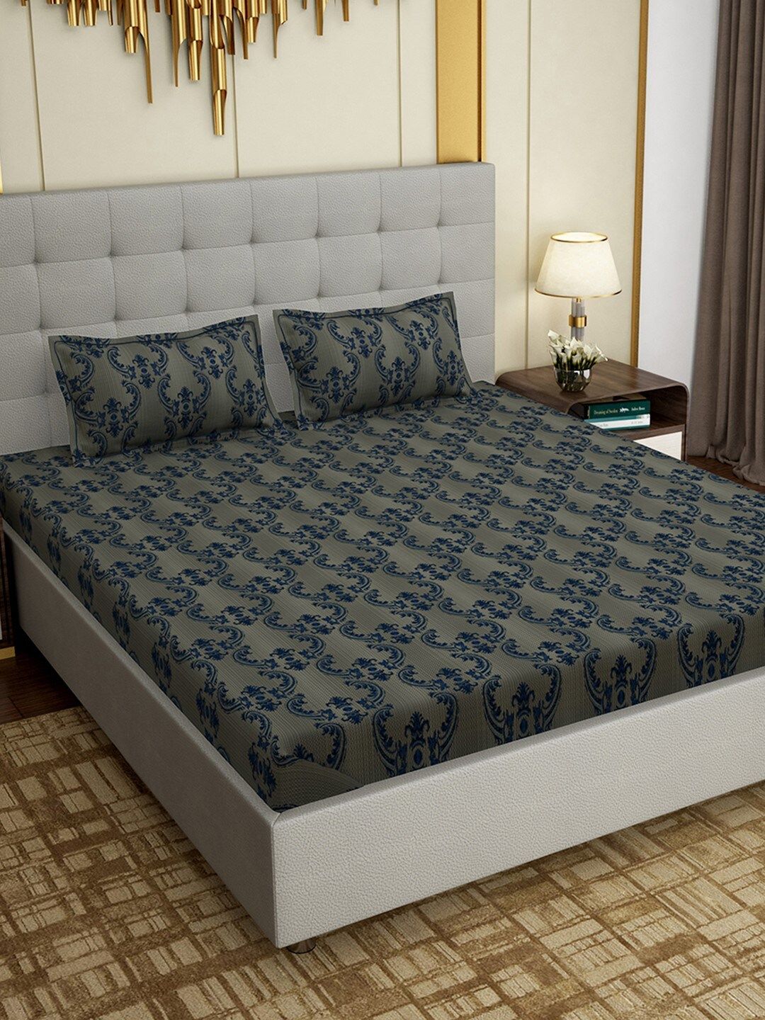PAVO Charcoal Grey & Navy Blue Printed Cotton 300 TC 1 King Bedsheet With 2 Pillow Covers Price in India