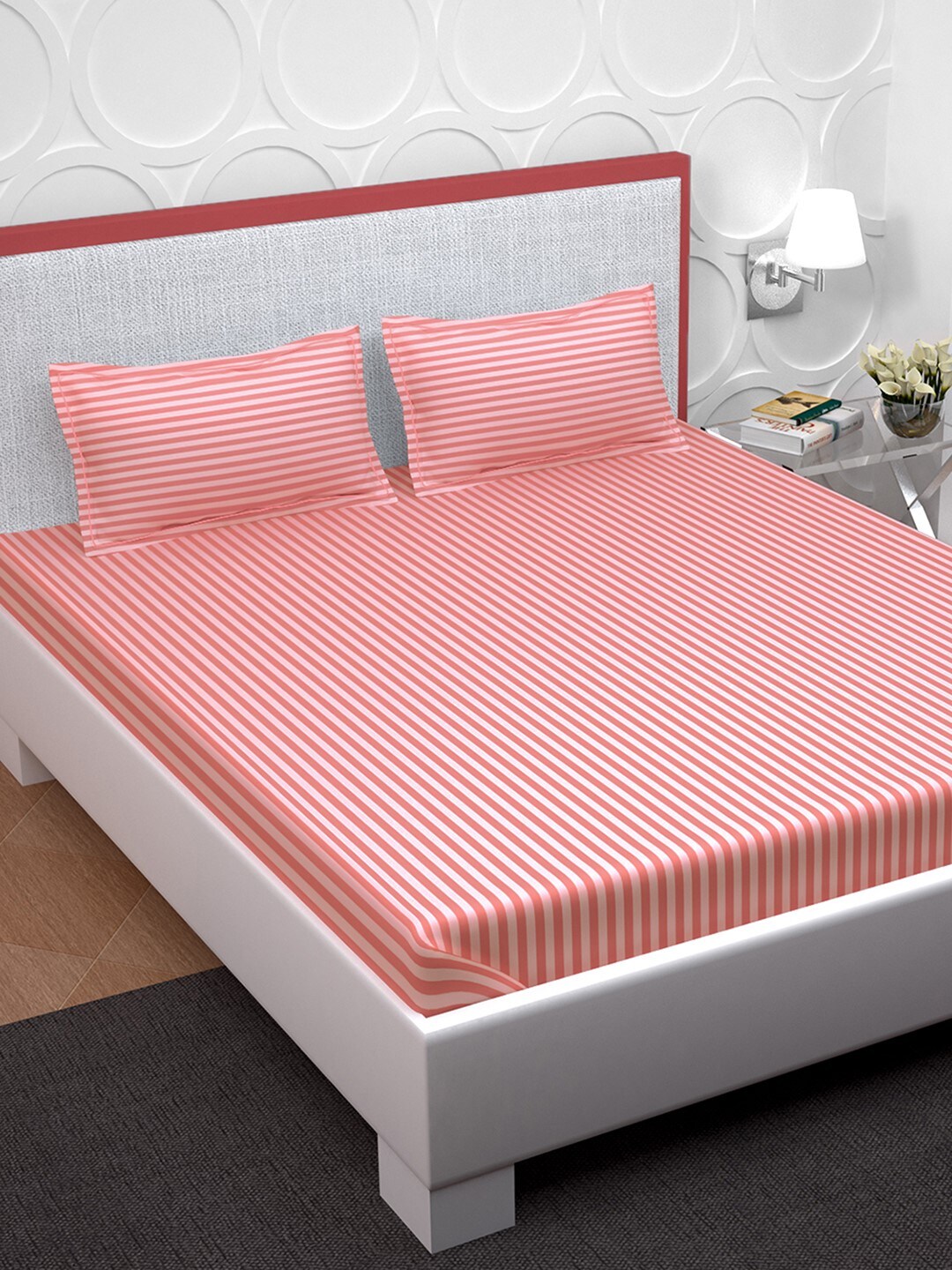 PAVO Pink Striped 210 TC 100% Cotton 1 Double XL King Bedsheet with 2 Pillow Covers Price in India