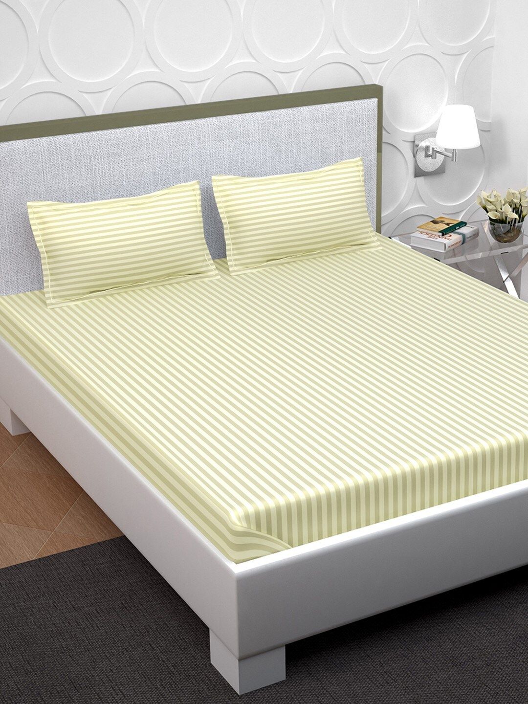 PAVO Cream_Coloured Striped 210 TC 100% Cotton 1 Double XL King Bedsheet with 2 Pillow Covers Price in India